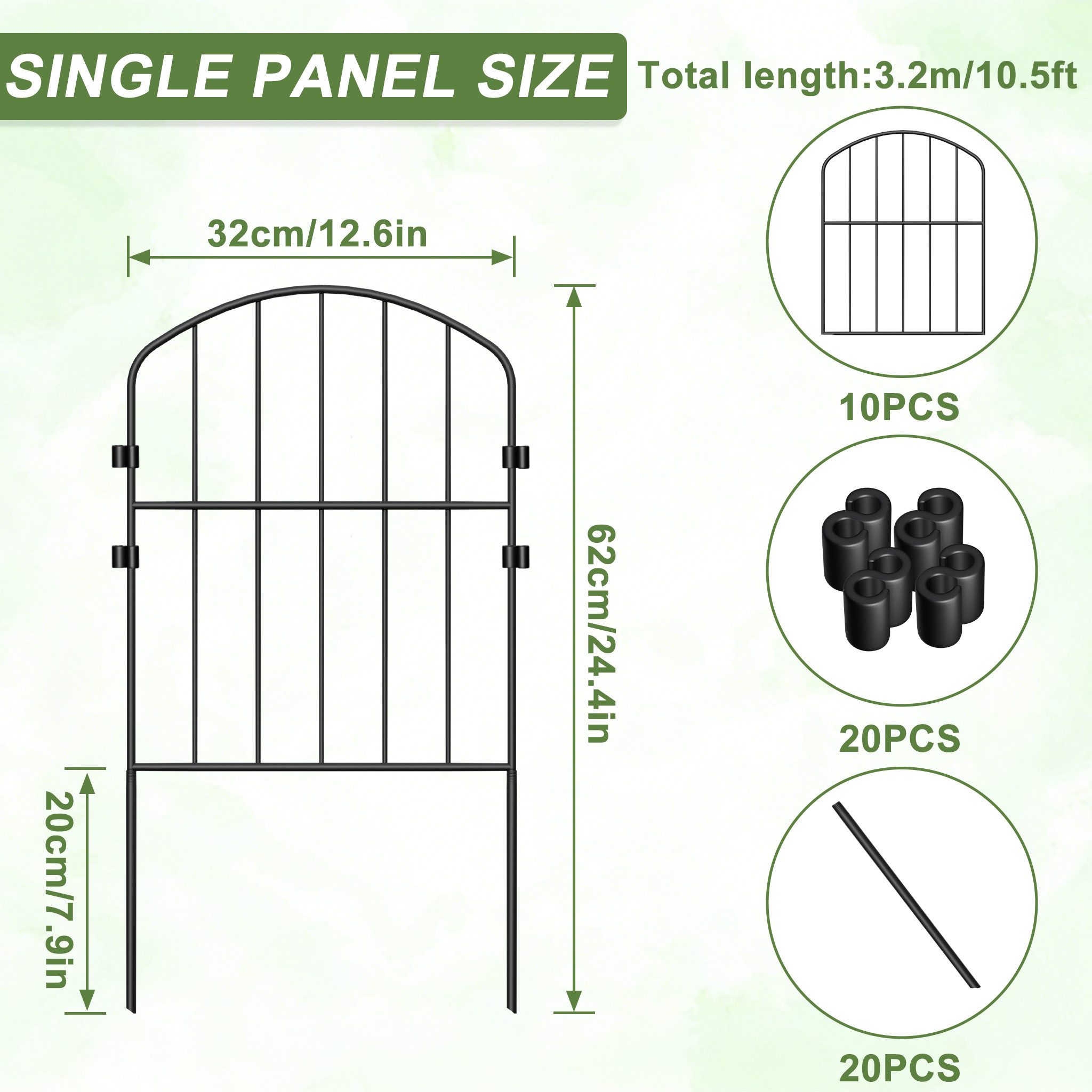 FIVMEN Gartenzaun Tierbarriere Zaun aus Metall Dekorativer Hundezaun Outdoor Tier, (3,2 m (10 Stück) / 8 m (25 Stück), Barriere für Tierbarriere Balkon, Teichzaun 62 x 32cm (Gewölbt)