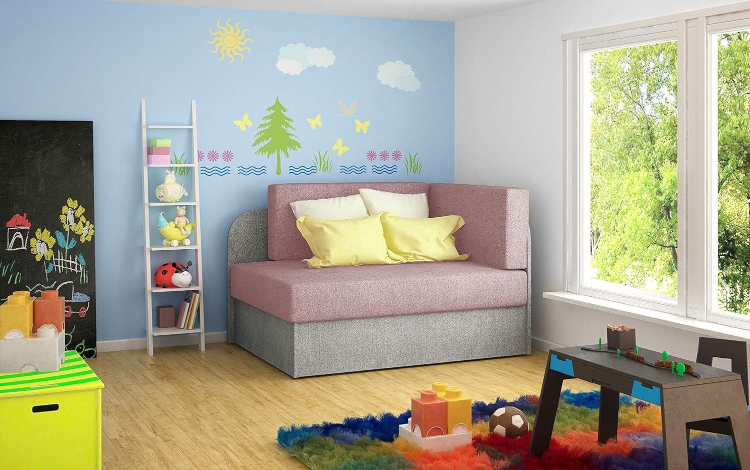 Hellgrau Schlaffunktion + und (Omega Kindersofa MOEBLO + für Jugendsofa, Kinderzimmer Couch 02) 91 Schlafsofa Dunkelrosa mit Bettkasten RAISA, Omega Schlafsessel