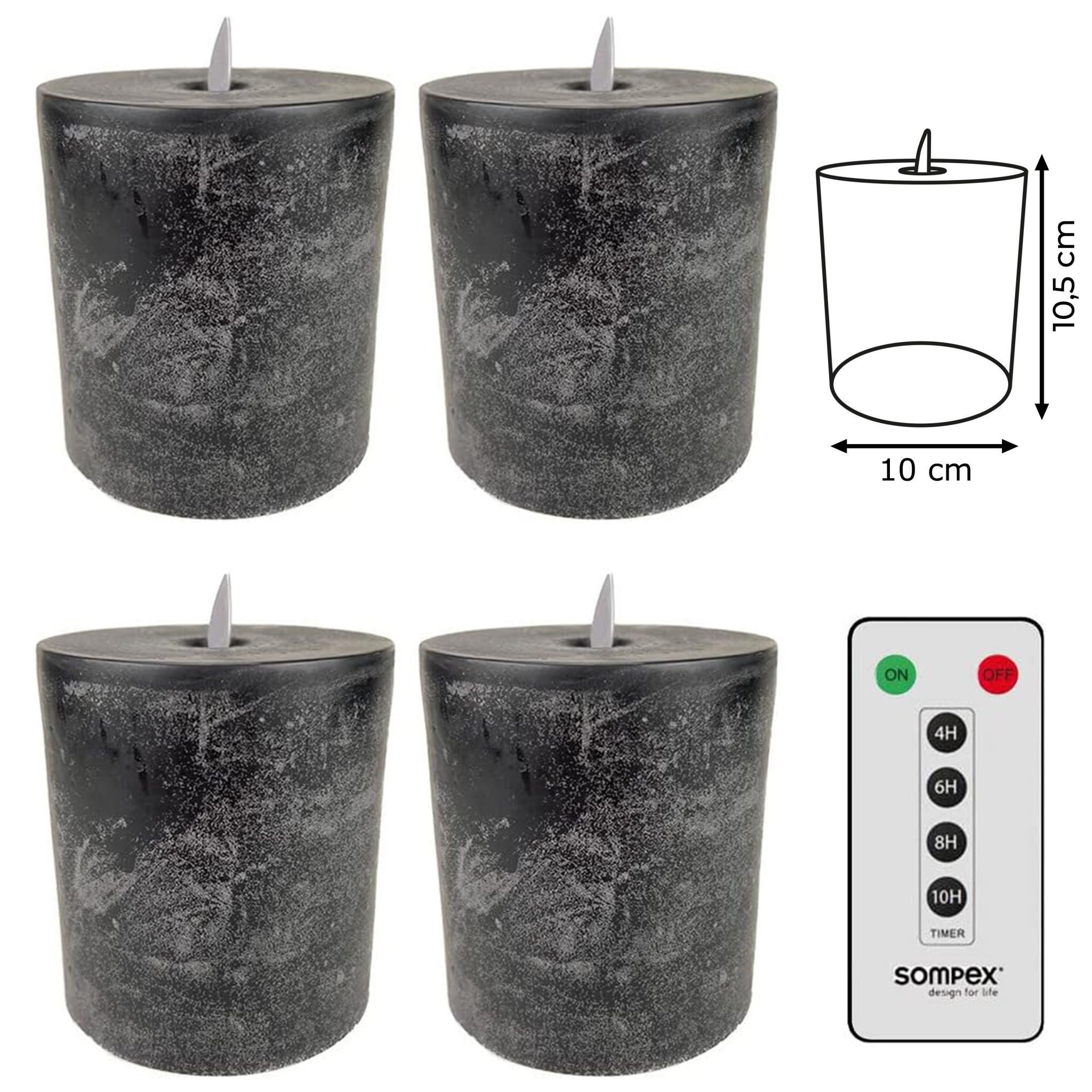SOMPEX LED-Kerze 4er Set LED Kerzen anthrazit 10x11cm Echtwachskerzen mit Fernbedienung (Set, 5-tlg., 4 Kerzen, Höhe 11cm, Durchmesser 10cm, 1 Fernbedienung), fernbedienbar, integrierter Timer, Echtwachs