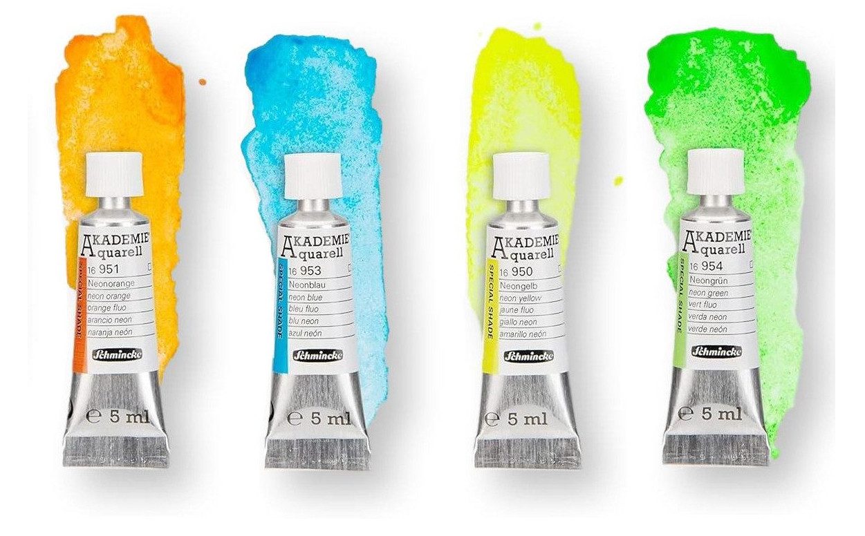 Schmincke Aquarellfarbe Akademie®, fluoreszierende limit. Neonfarben, 5 ml Alutube, 4er Set