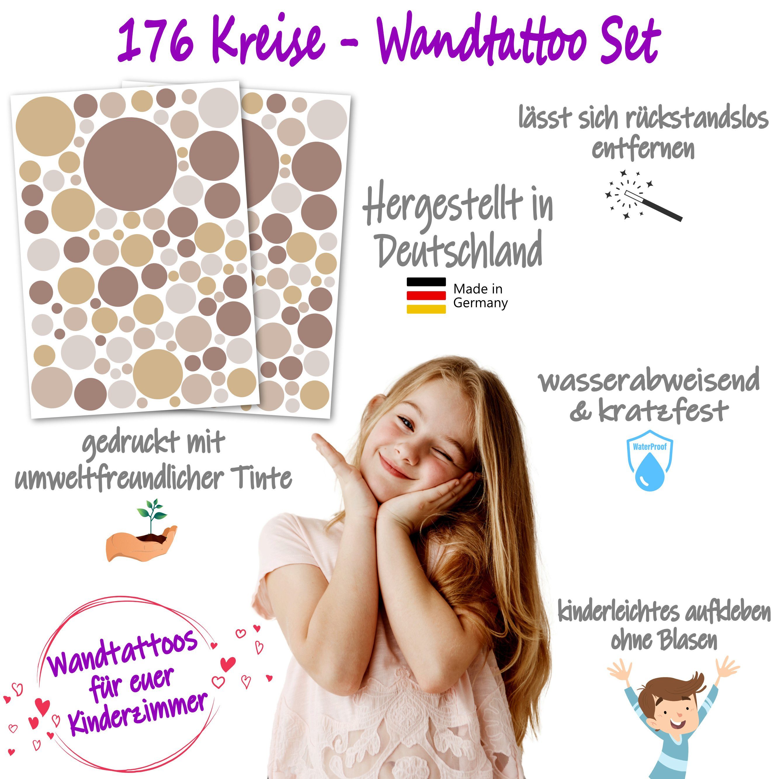 PUNALU Wandtattoo 176 Kinderzimmer abziehbar rückstandslos Kreis Stück Babyzimmer selbstklebend, Wandtattoo für Aufkleber, braun Set