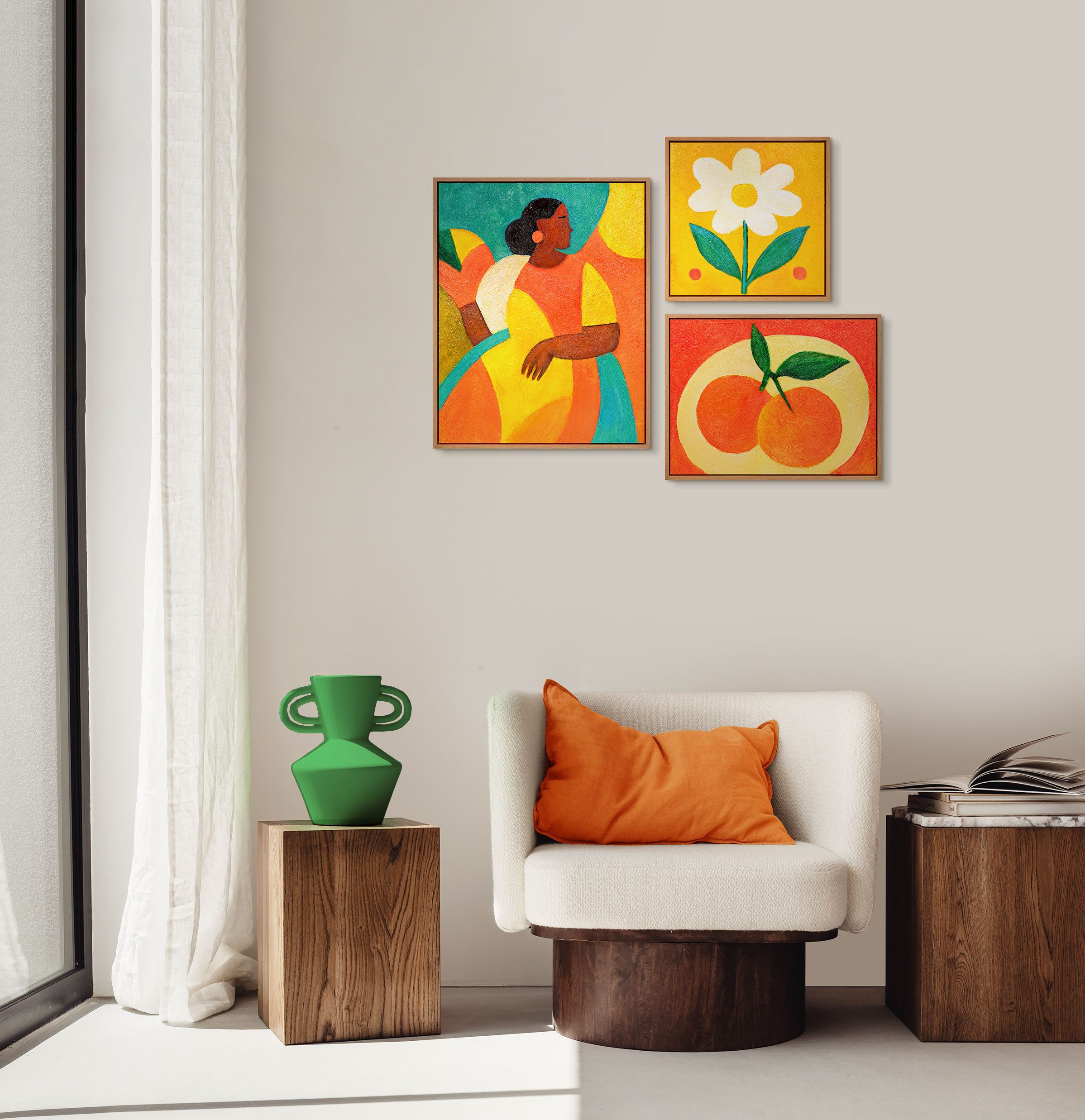 YS-Art Gemälde "Sommerliche Inspiration", Stillleben (Set, 3 St), Farbenfrohes Bilder Set für Wohnzimmer im modernen Kunststil