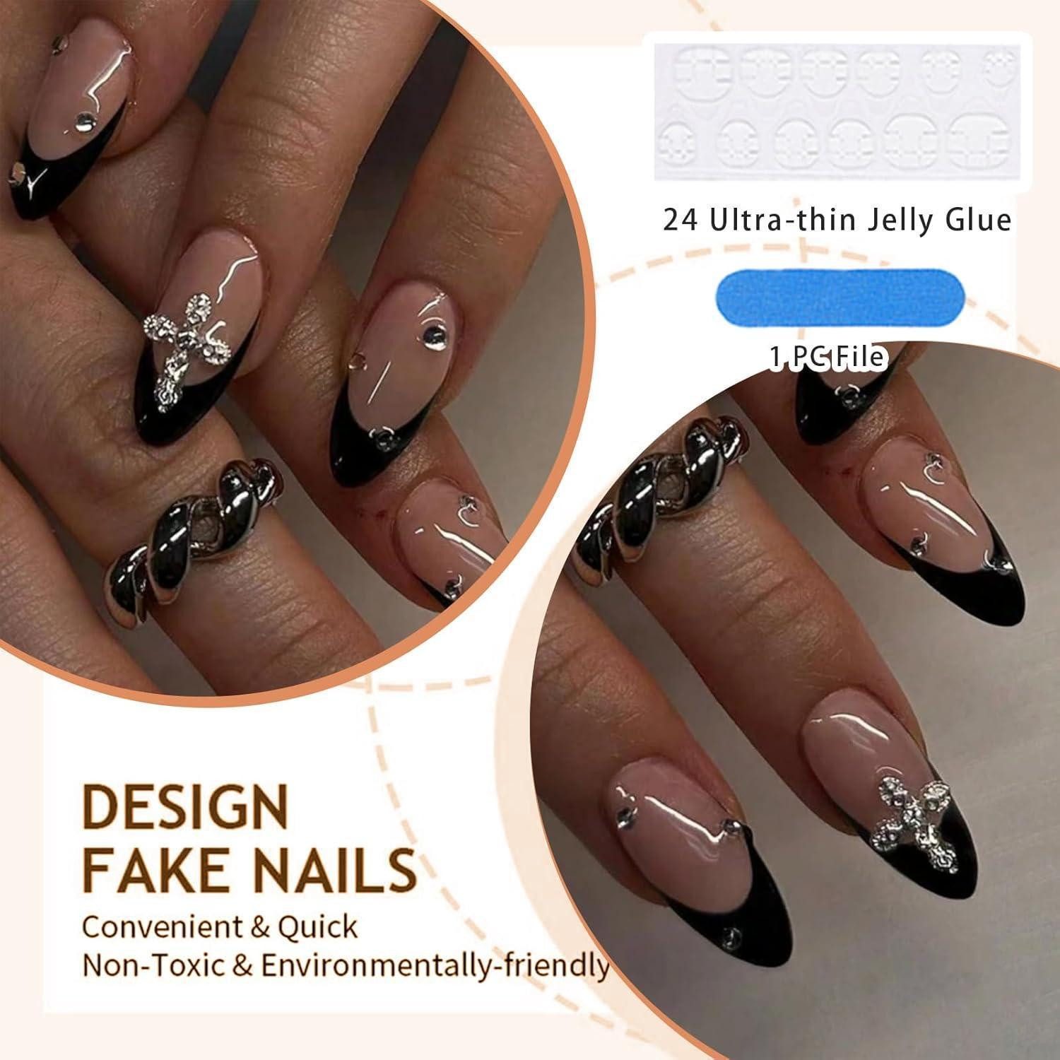 LuxusKollektion Kunstfingernägel 24er Set Mandelkreuz Design 3D Schwarz Press On Nails French Tip Acryl – Bild 3 von 5