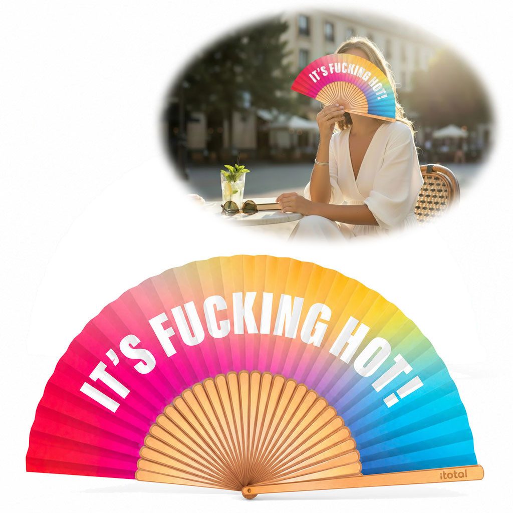 LS-LebenStil Handfächer Holz Stoff Fächer "It´s Fucking Hot" Bunt faltbar Faltfächer, (hochwertig aus Holz mit Stoff und coolem lustigem Spruch, 1-tlg., Styliche Abkühlung), für Geburtstag, Hochzeit, Party oder als Wand Dekoration