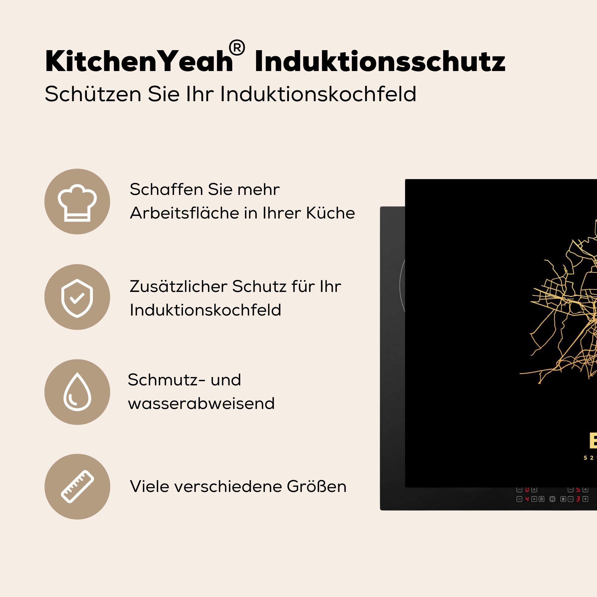 küche, - (1 MuchoWow für - Karte Vinyl, Schutz Gold die Stadtplan - - Karte, tlg), Herdblende-/Abdeckplatte Berlin Ceranfeldabdeckung cm, 81x52 Induktionskochfeld