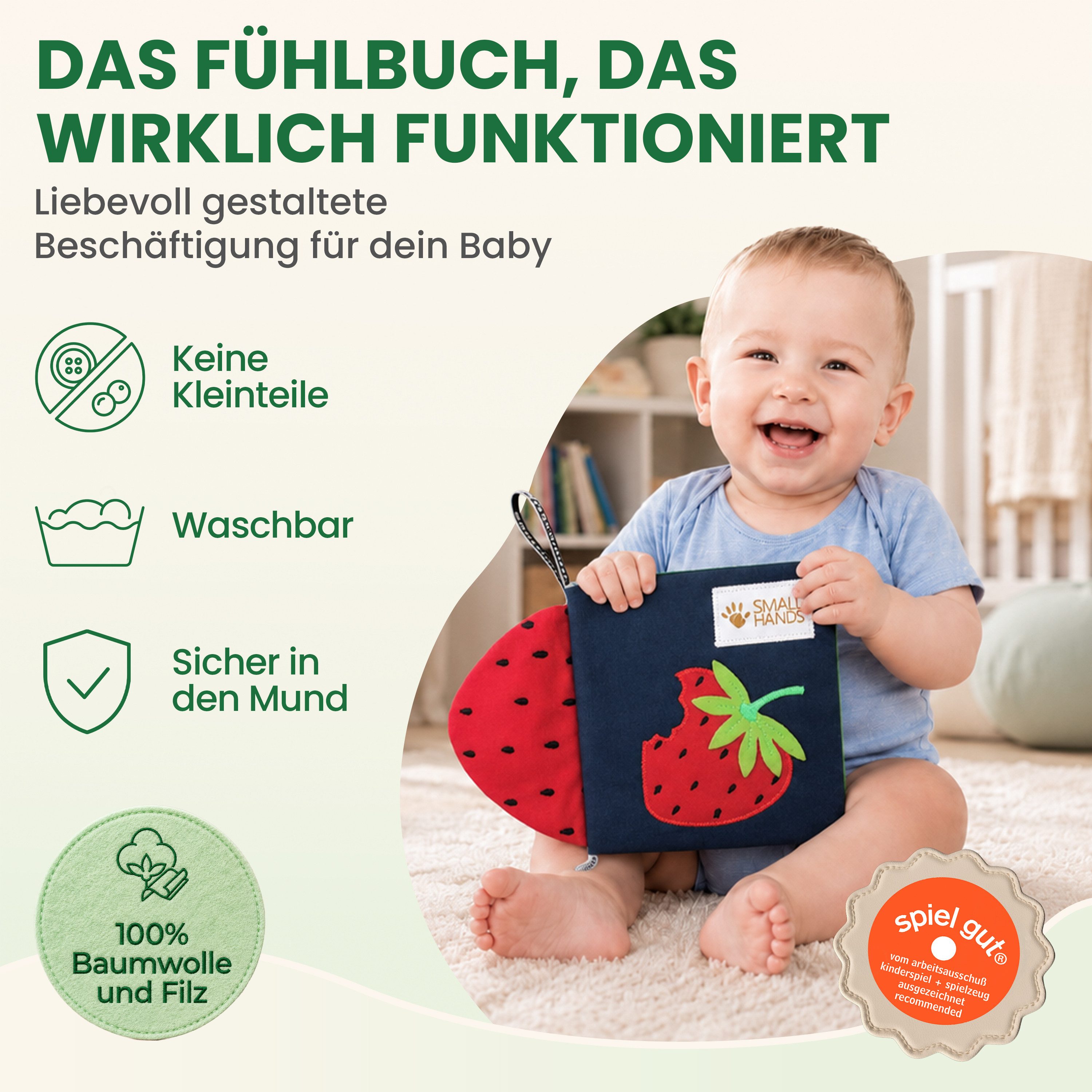My First Book Stoffbuch Small Hands, Baby Fühlbuch, 0-12 Monate, Baby Spielzeug, Fühlbuch Stoffbuch waschbar, Montessori ab 0 Monate