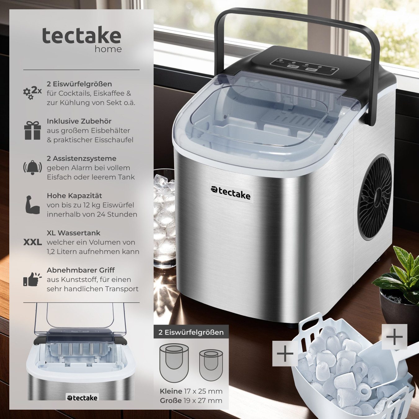 tectake Elektrischer Eiswürfelbereiter Eiswürfelmaschine, Eiskorb & Eisschaufel, rutschfeste Kunststofffüße, 1,2 l Wassertank, 12 kg in 24 h, Reinigungsprogramm, abnehmbarer Griff