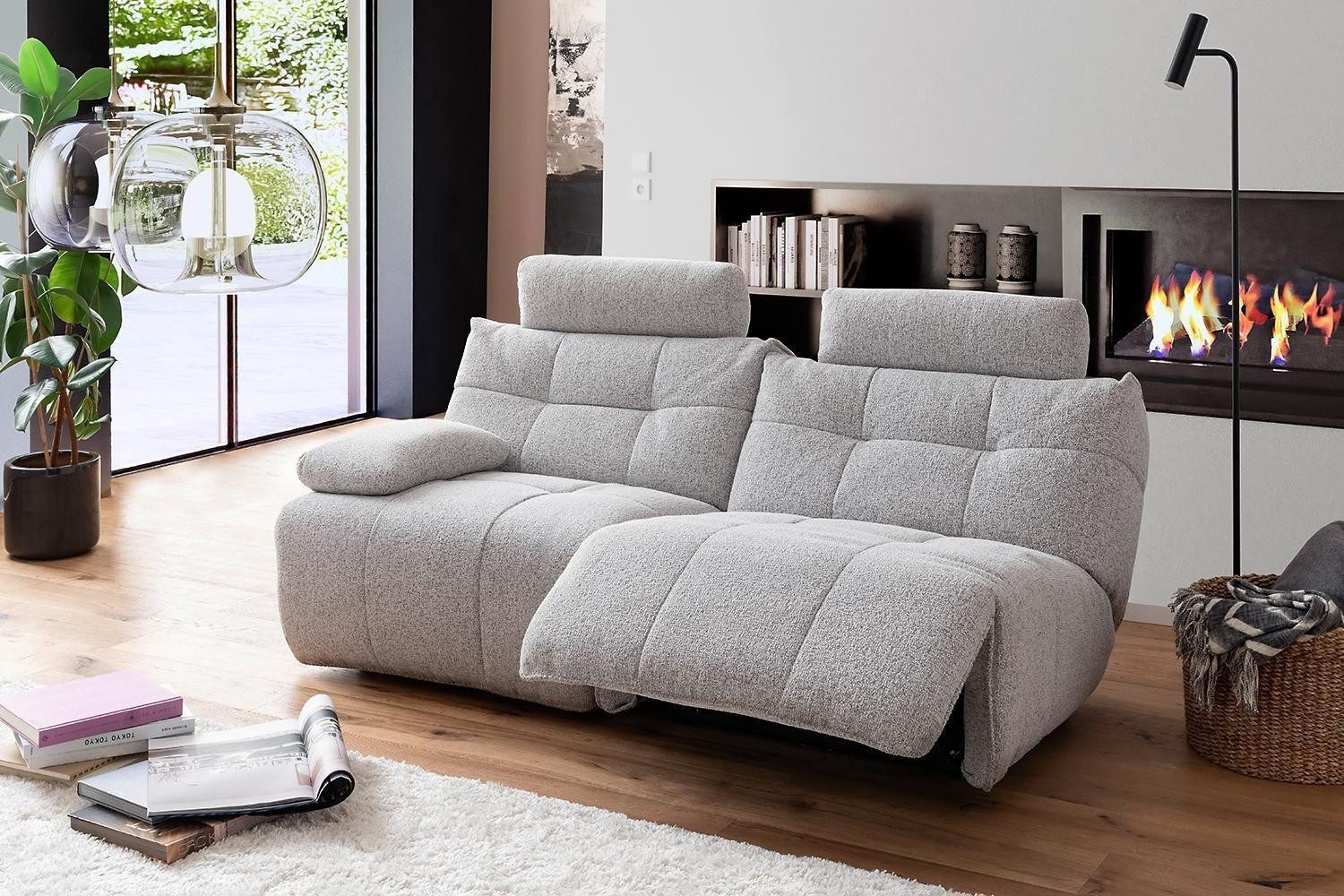 Relaxsessel BELVIANO, Hellgrau, Stoffbezug, mit Kopfstütze, 1-motorig, elektrische Relaxfunktion, B 93 x H 91 x T 105 cm