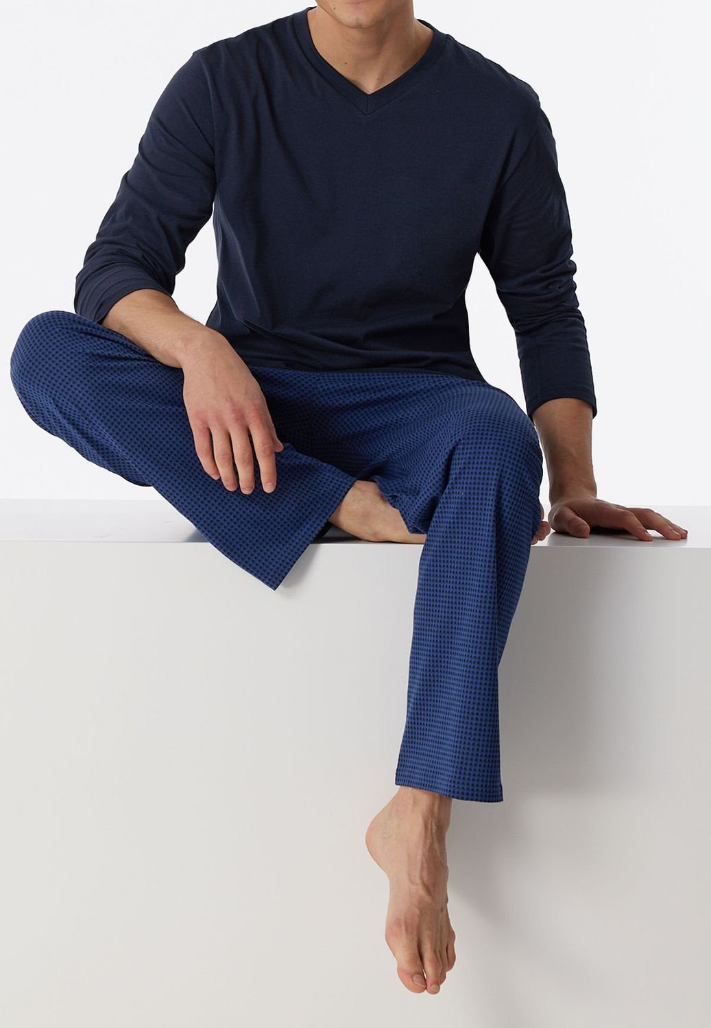 / tlg) Schiesser Stück premium 2 V-Ausschnitt, (Set, blau Hahnentritt selected! inspiration Pyjama 1 Unterteil lang, navy