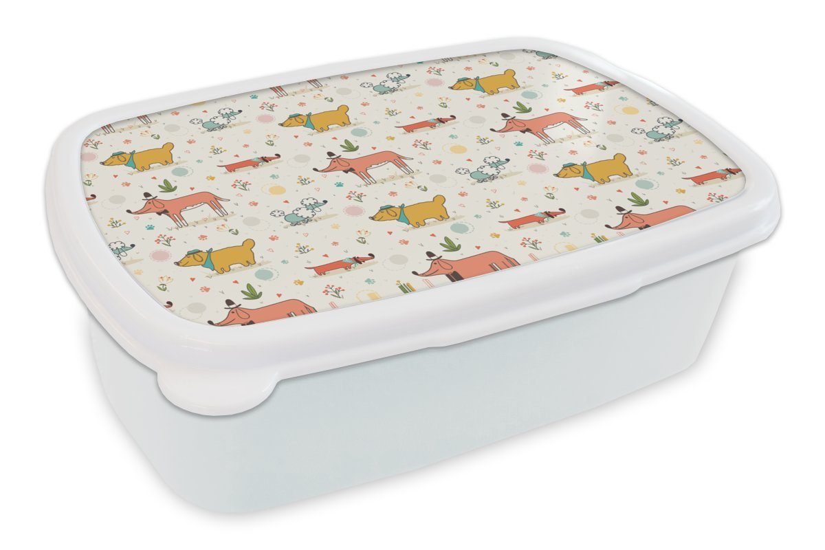 MuchoWow Lunchbox Hund - Dackel - Blumen, Kunststoff, (2-tlg), Brotbox für Kinder und Erwachsene, Brotdose, für Jungs und Mädchen weiß