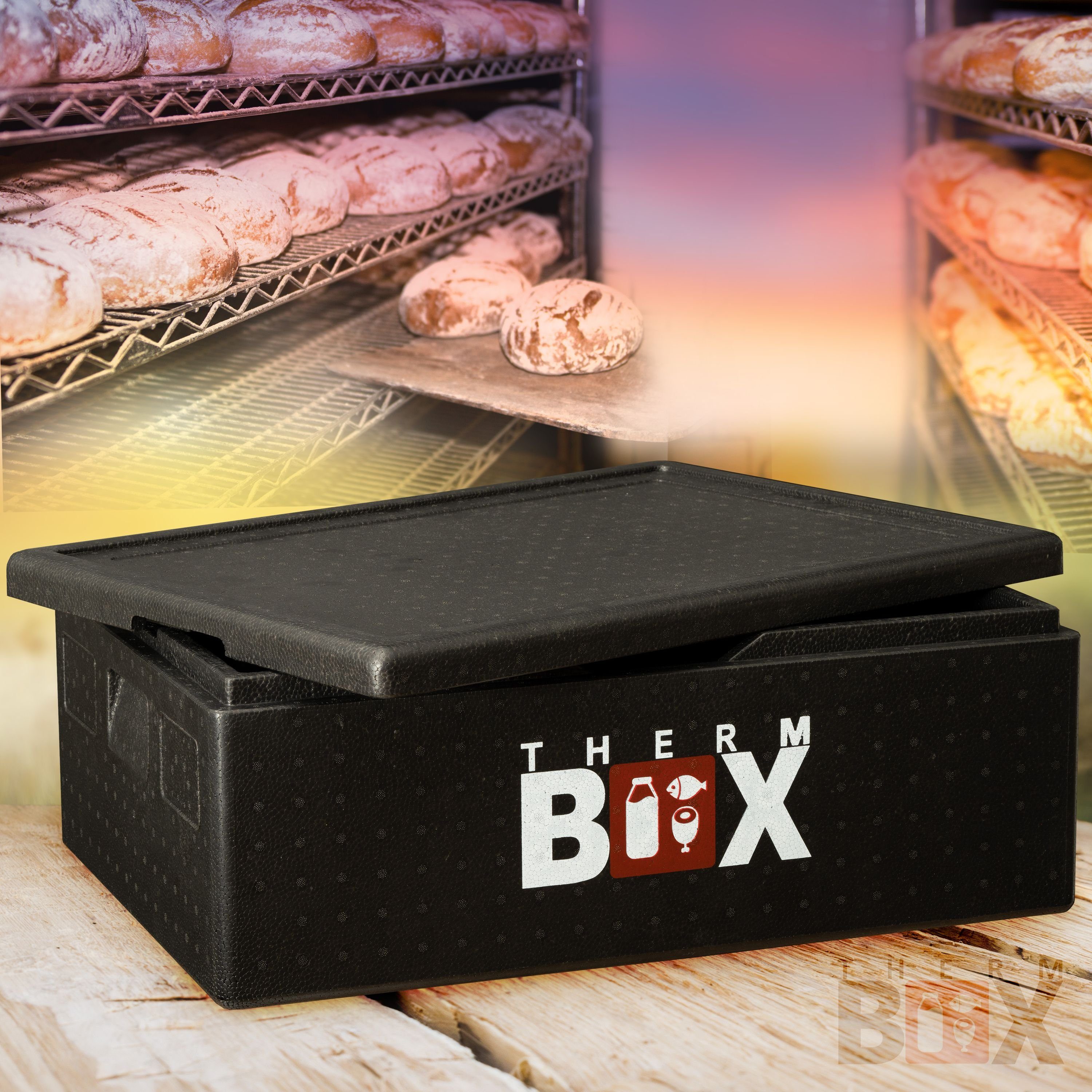 0-tlg., Thermobehälter Wiederverwendbar, im Karton), (1, 53-Liter Warmhaltebox mit Styroporbox Box für Profibox Thermobox Innen: Kiste E2 Deckel 62,5x42,5x22cm THERM-BOX - Styropor-Piocelan, Kühlbox B53