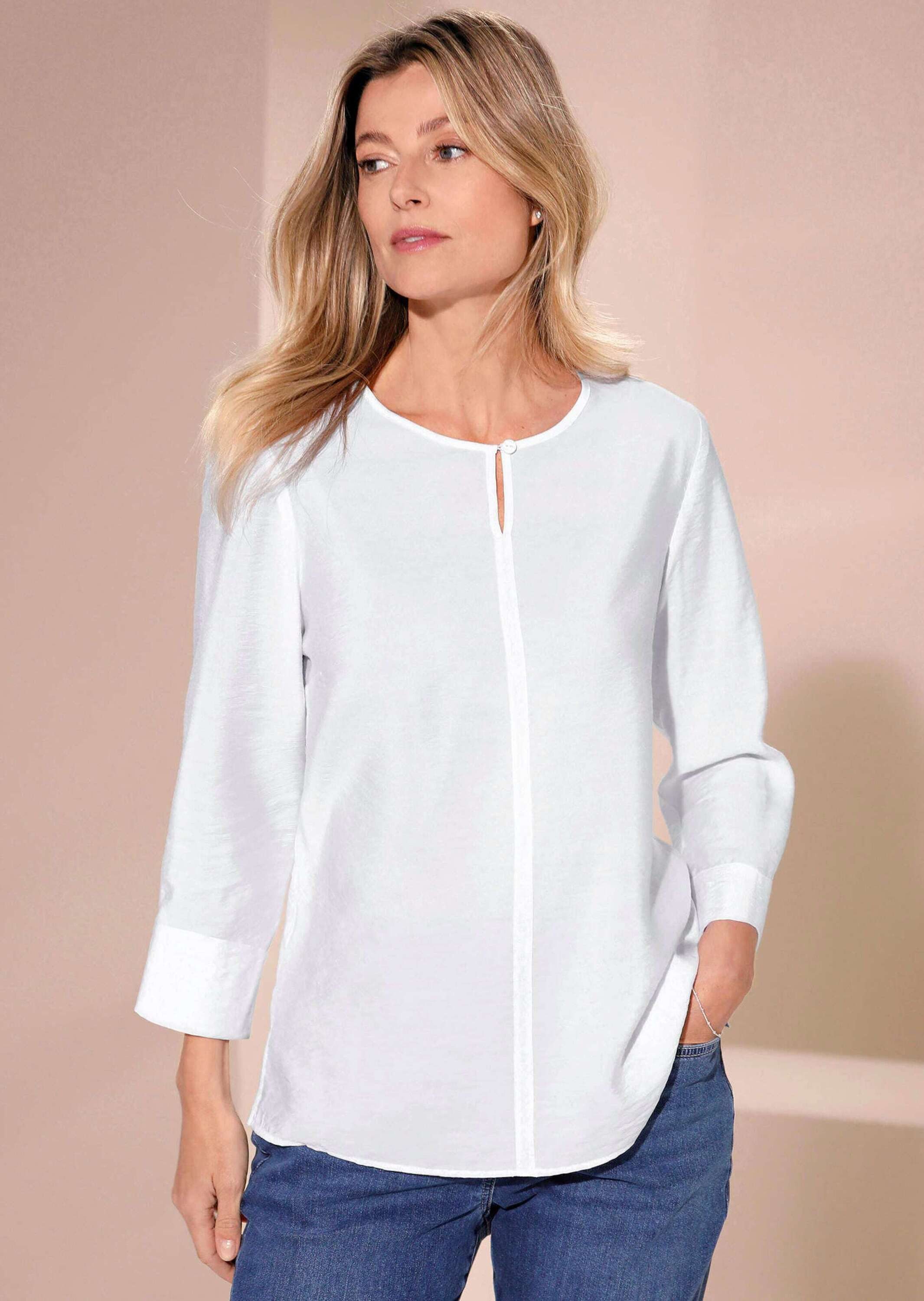 GOLDNER Schlupfbluse Viskosebluse mit 3/4-Ärmeln, Rundhals Strukturierte Bluse mit Halbarm und Ziernaht