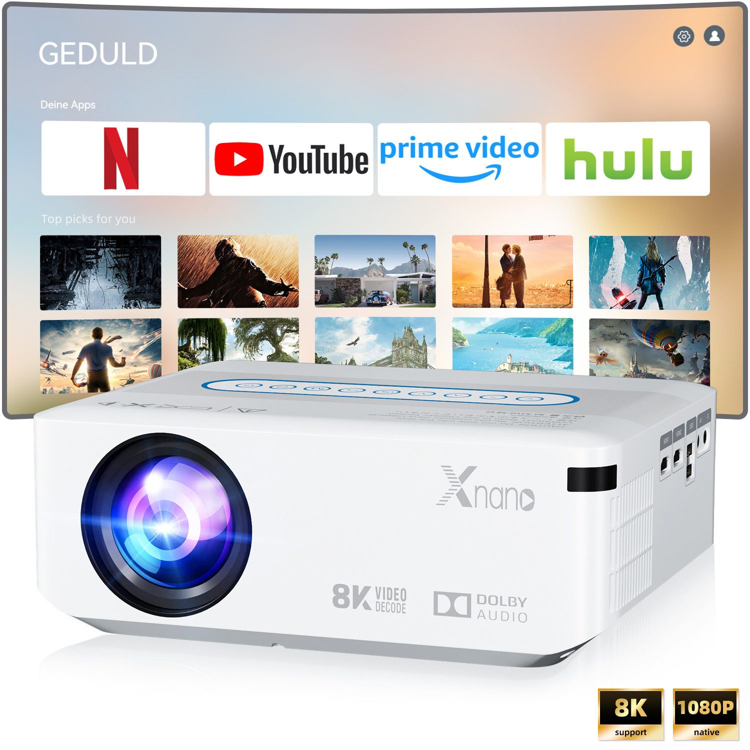 XNANO X1 Projektor, Android 9, Full HD 1080P, 300 ANSI, WiFi, Tragbarer LCD-Beamer (300 lm, 1000:1, 1920 x 1080 px, Dolby Audio, BT5.0, 8K/4K@24fps Unterstützung)