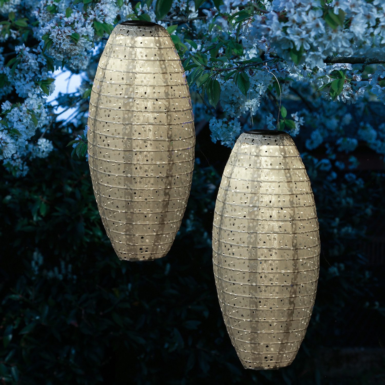 MARELIDA LED Lampion Solar Gartenlampions oval Blumenmuster beige 40cm Balkon Terrasse 2St., LED Classic, warmweiß (2100K bis 3000K)