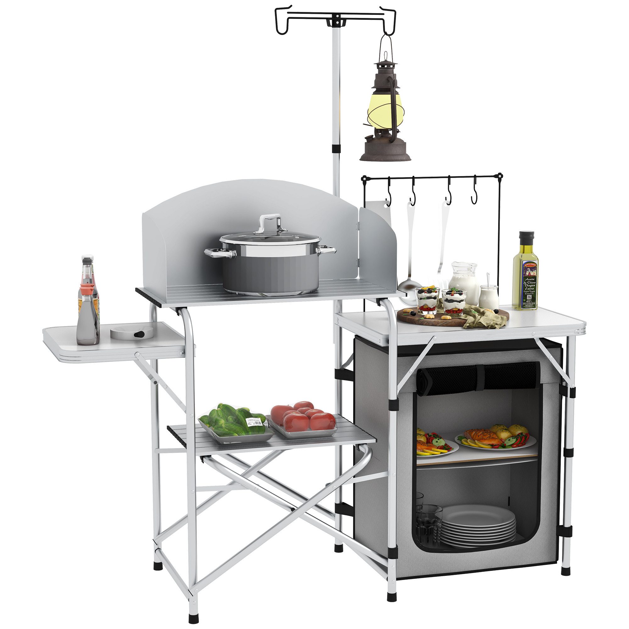 Campingtisch mit UV-Schutz, Windschutz, Schränkfach, 3 Arbeitsplatten, Lichtständer