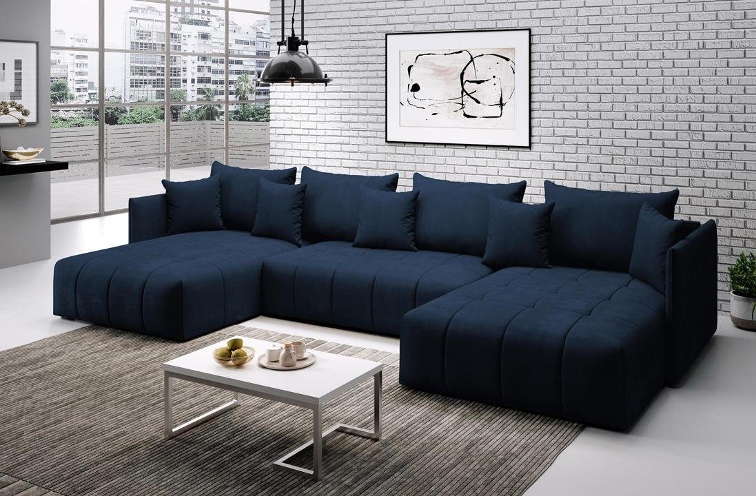 Furnix Ecksofa U-Form-Sofa ASVIL mit Schlaffunktion und Bettkasten, Farbauswahl, B353 x H80 x T180 cm, Made in Europe Blau MH77