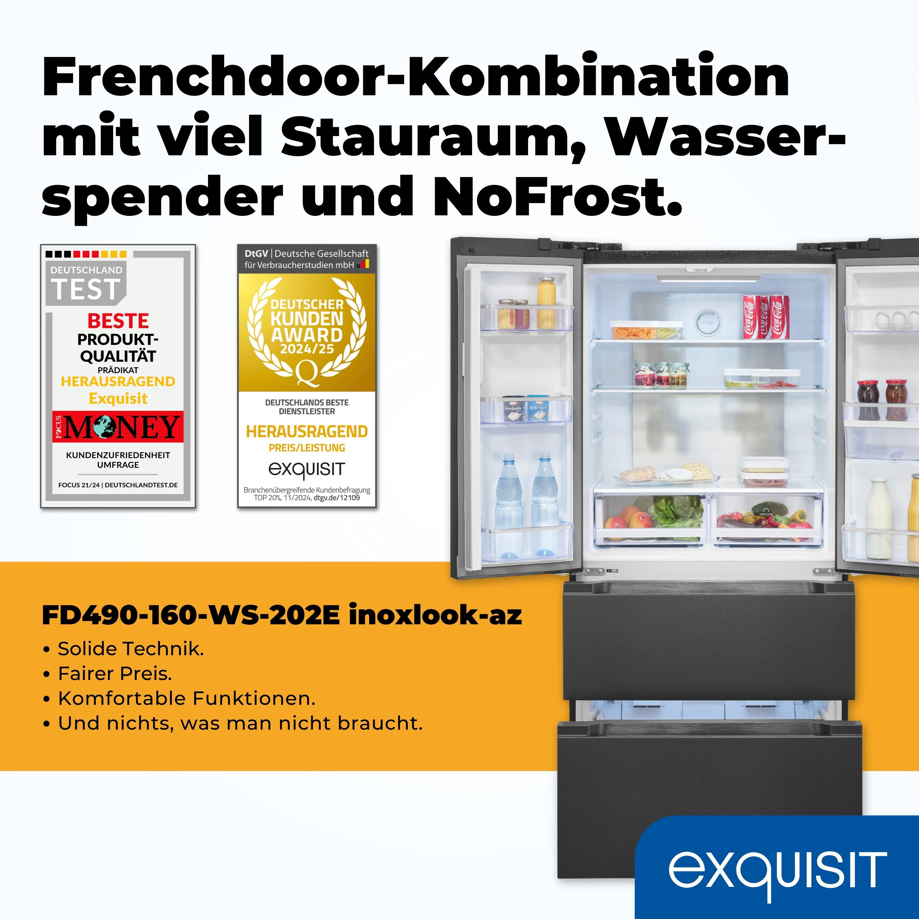exquisit French Door FD490-160-WS-202E inoxlook-az FD490-160-WS-202E inoxlook-az, 183 cm hoch, 83,6 cm breit, Praktisch mit 506 L Kombi & LED, Schnellgefrieren & Wasserspender