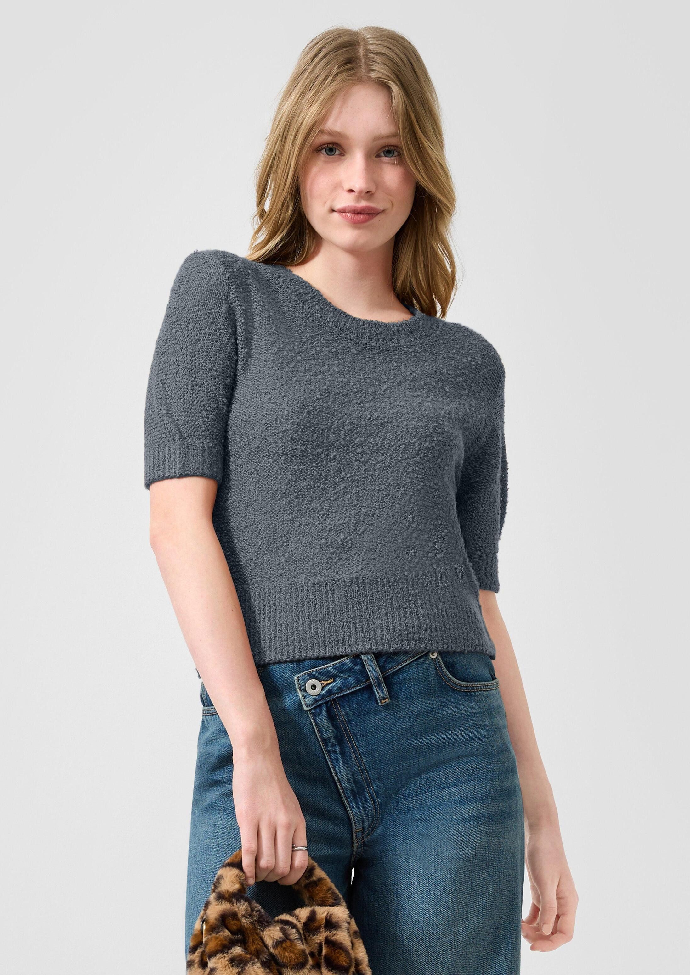 QS Kurzarmpullover Strickpullover Kurzarm-Pullover in Bouclé-Optik
