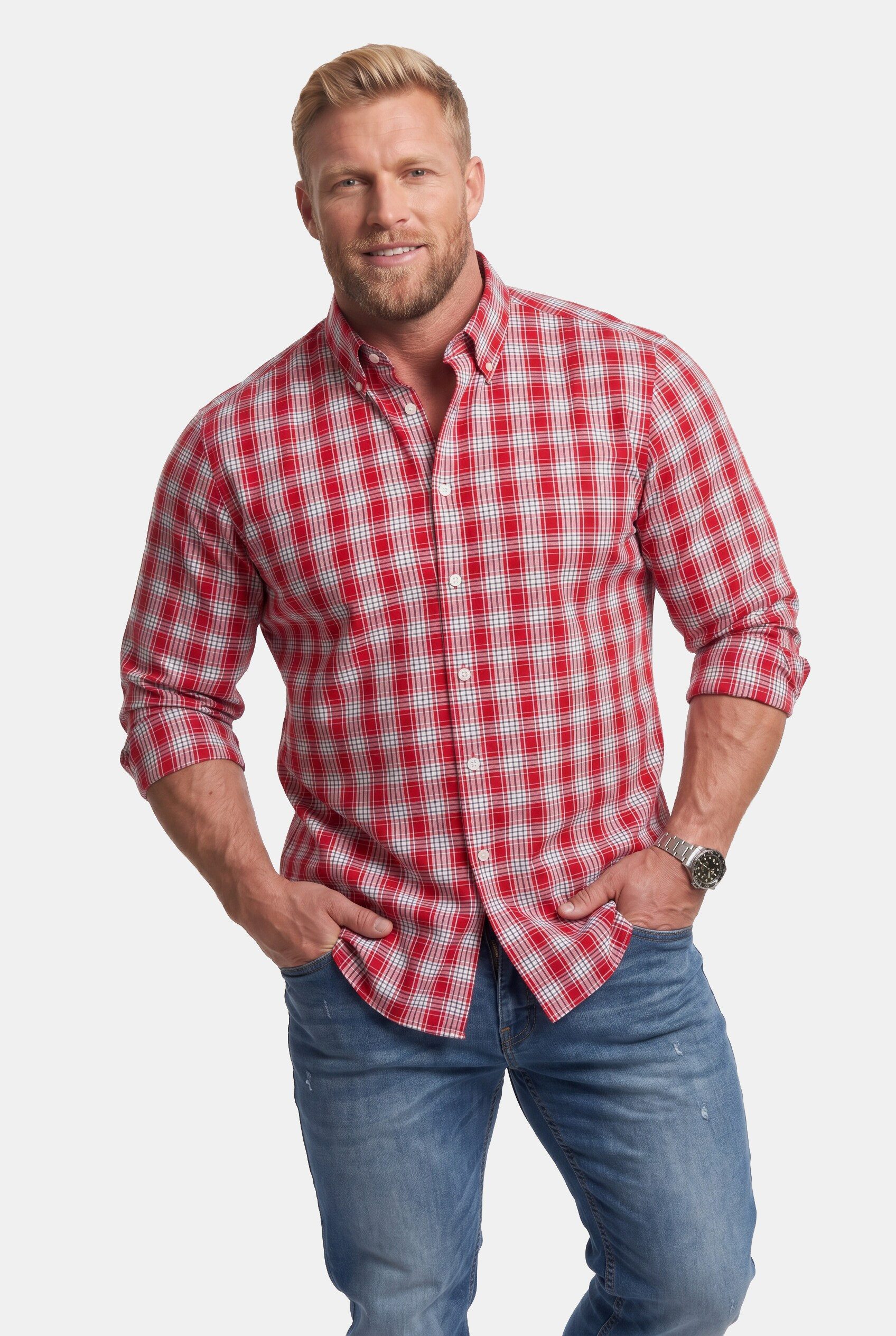 Men Plus Businesshemd Karohemd Langarm Buttondown-Kragen Comfort Fit