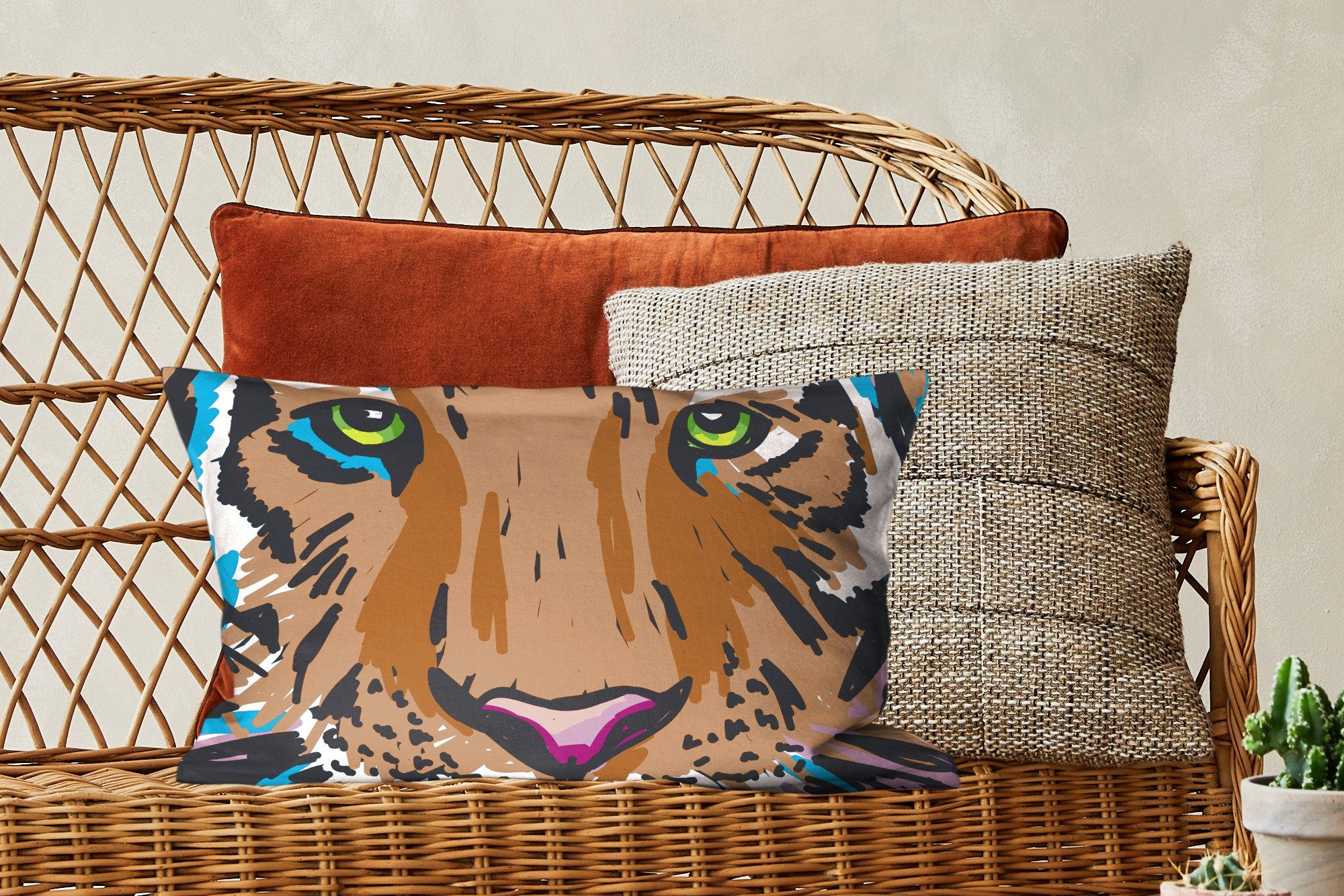 Dekoration, Tiger MuchoWow Zierkissen, Gemälde, Füllung, - Wohzimmer Dekokissen Schlafzimmer - mit Dekokissen Kopf