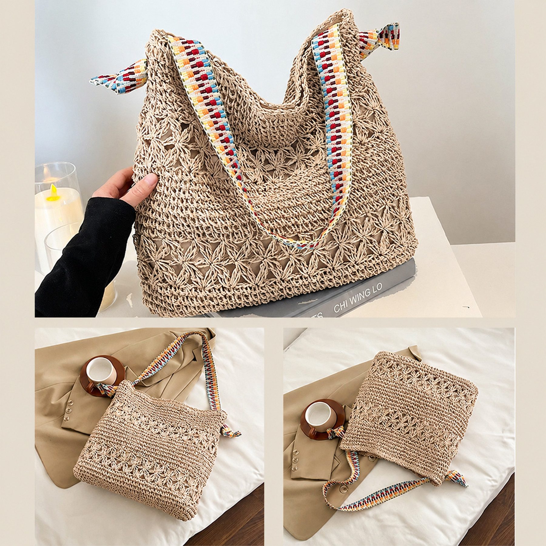 Mutig Strandtasche Sommer Strandtasche Damen Boho Häkeltasche Strand Mesh Tragetasche (Strohtasche Beach Handtasche Leicht Umhängetasche Vintage Sommertasche, R – Bild 4 von 5