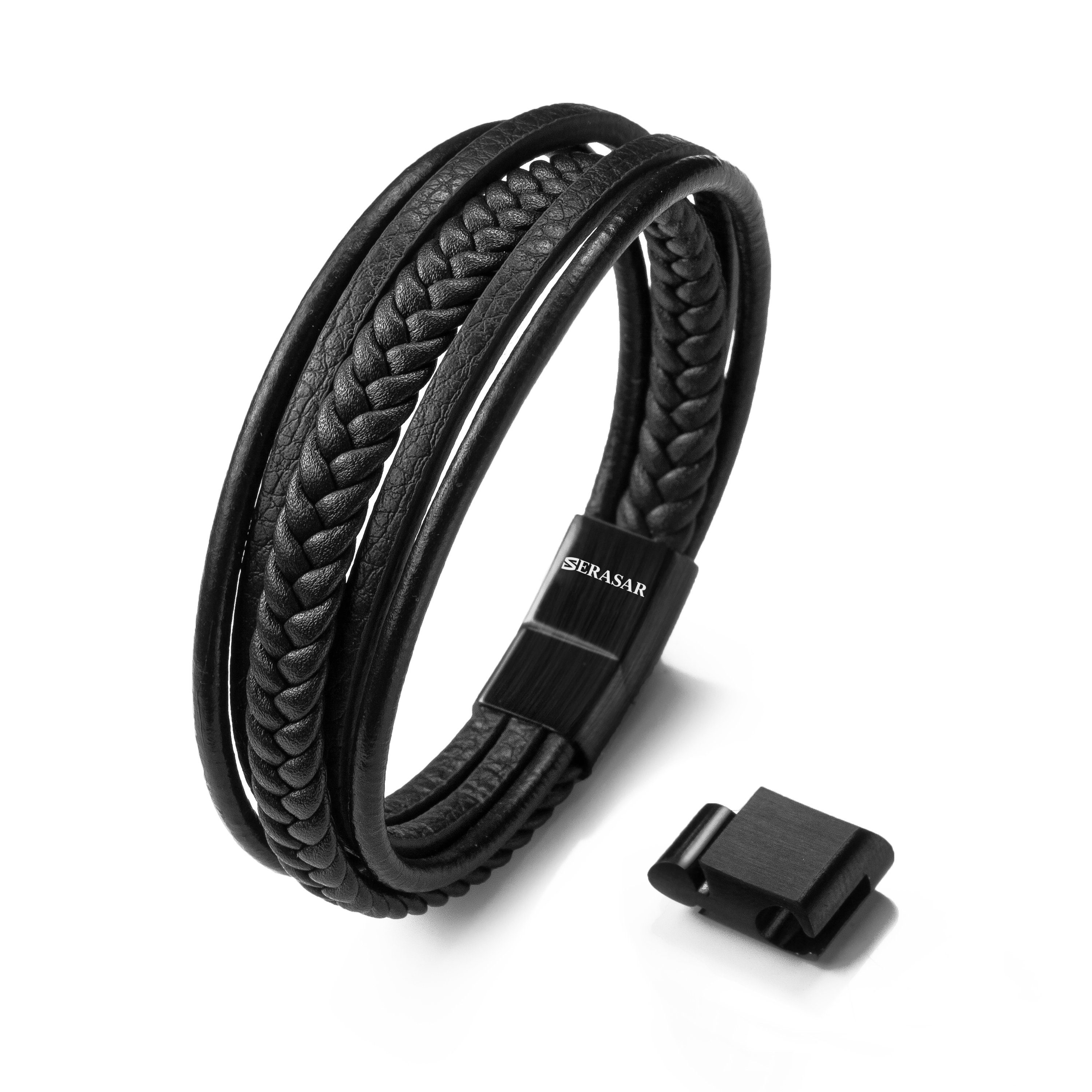 casual, (Klassisch, Herrenarmband aus verstellbar durch Lederarmband Länge Schwarz elegant, 1-tlg), Echtleder, Leder Extraglied "Braid" SERASAR