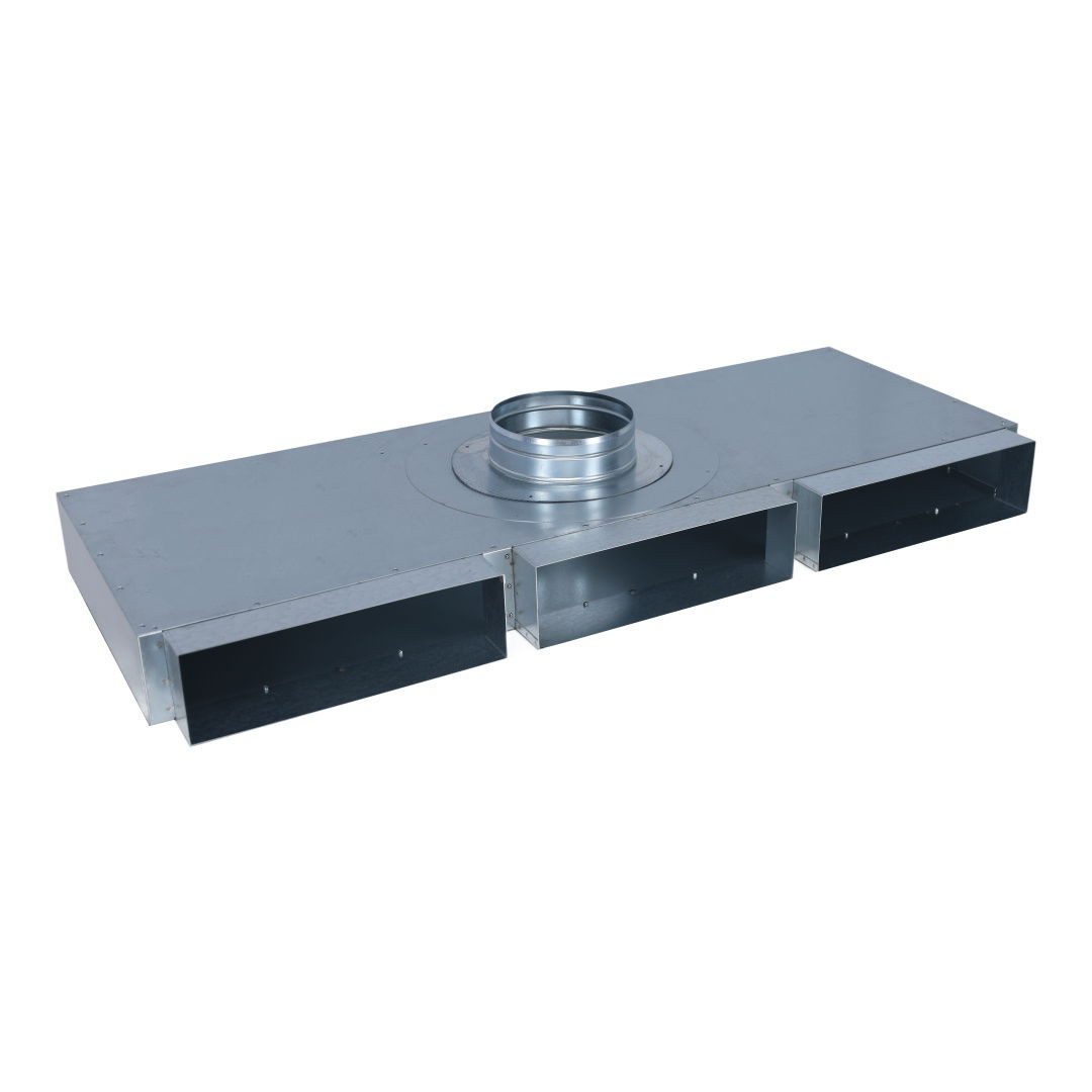 Subtiel Lüftungsschacht Flachkanal Verteiler 300 x 90 mm, drei Eingänge, ein Ausgang Ø 160 mm, 105x35x14 cm
