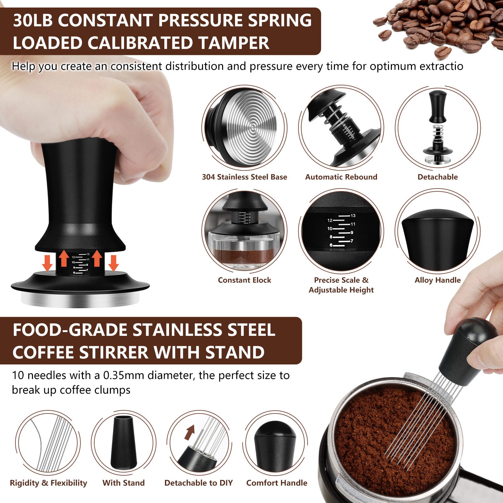 OSTWOLKE Tamper Kaffee Tamper 51mm Set, 25-teiliges Barista Zubehör Set