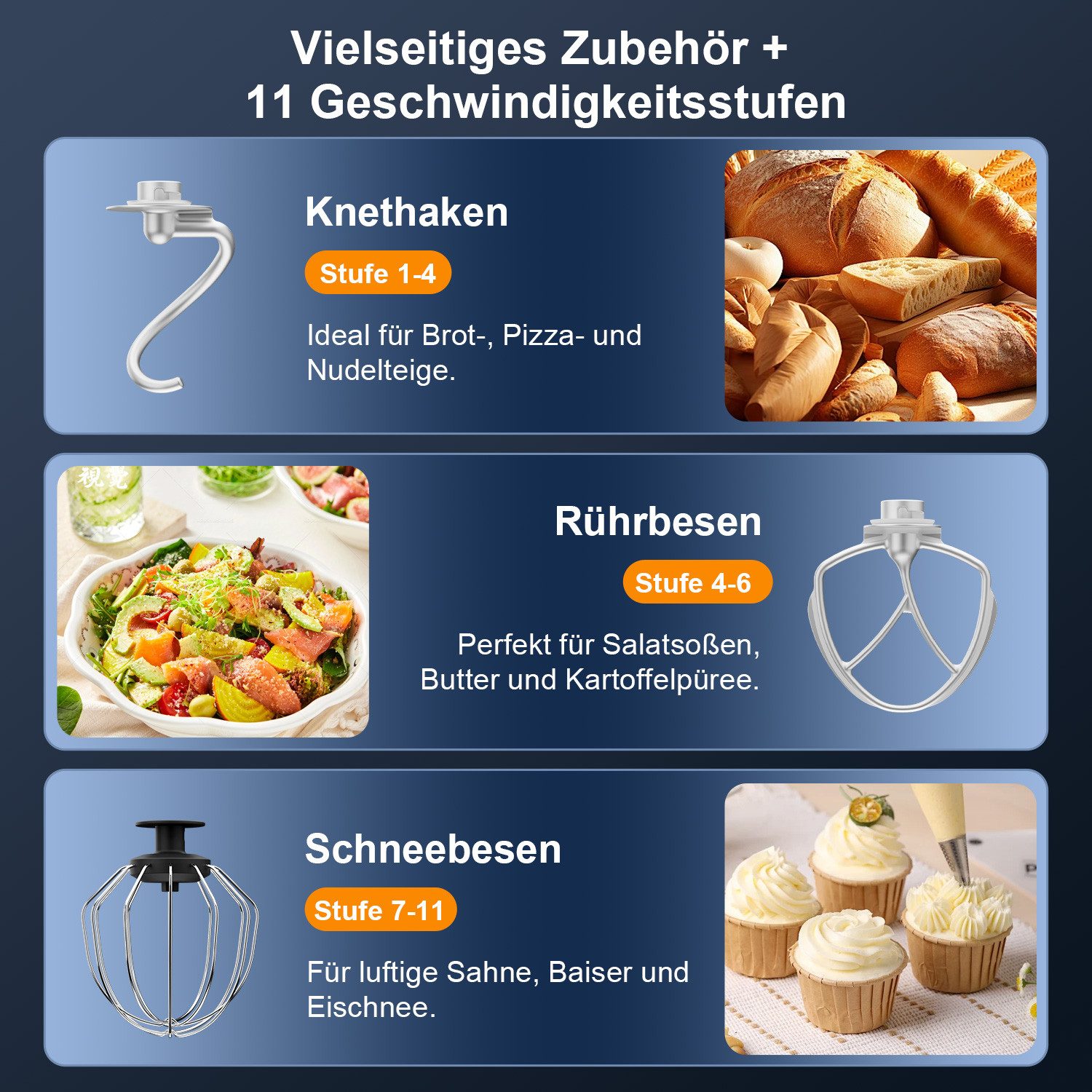 7MAGIC Küchenmaschine 1000W Leistungsstarke Knetmaschine, P+11 Geschwindigkeiten, 1000 W, 5,5 l Schüssel, Teigmaschine mit Rührhaken, Knethaken, Schlagbesen und – Bild 4 von 5