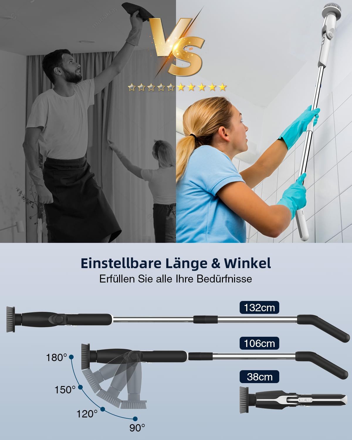AIBISTAR Akku-Oberflächenbürste Elektrische Reinigungsbürste, 8 Aufsätze, 2 Geschwindigkeiten, LED-Farbanzeige für Akkustand, 4 verstellbare Winkel (90°–180),IPX7 wasserdicht