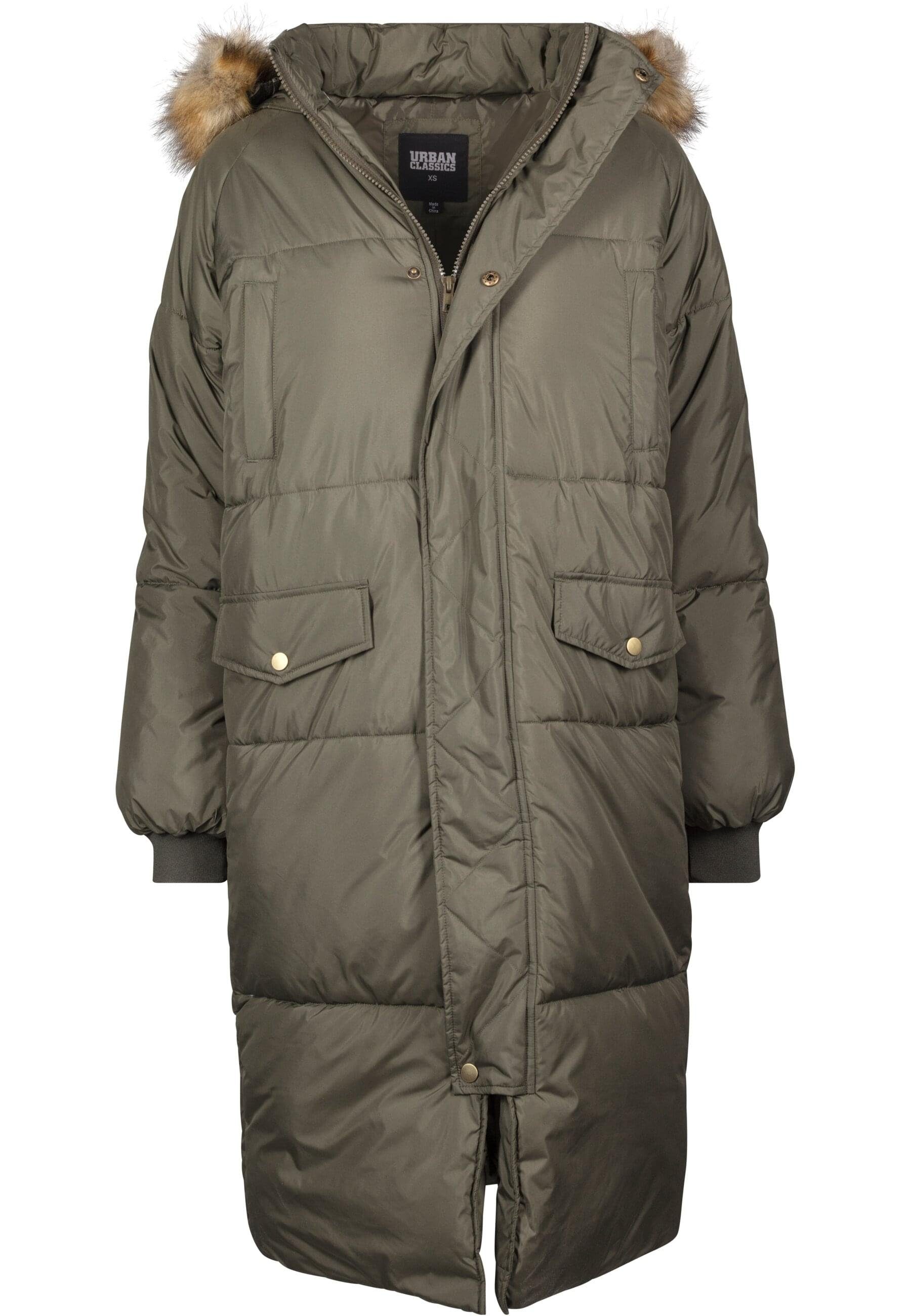 URBAN CLASSICS Outdoorjacke Damen Ladies Oversize (1-St) Faux Puffer Coat Fur darkolive/beige