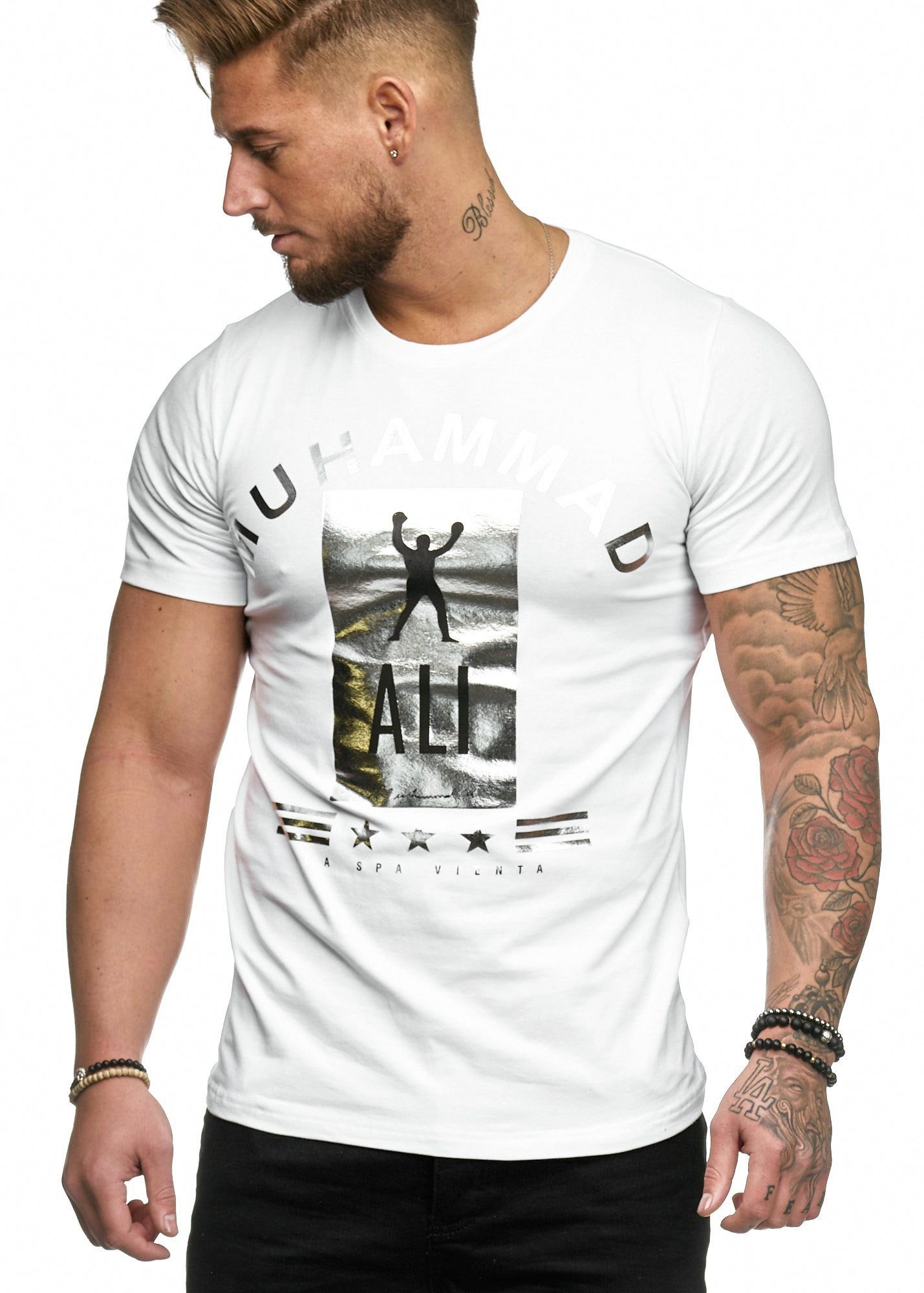 Polo Weiss Tee, 1-tlg) Kurzarmshirt 3288C Freizeit (Shirt Fitness Casual OneRedox Silber T-Shirt