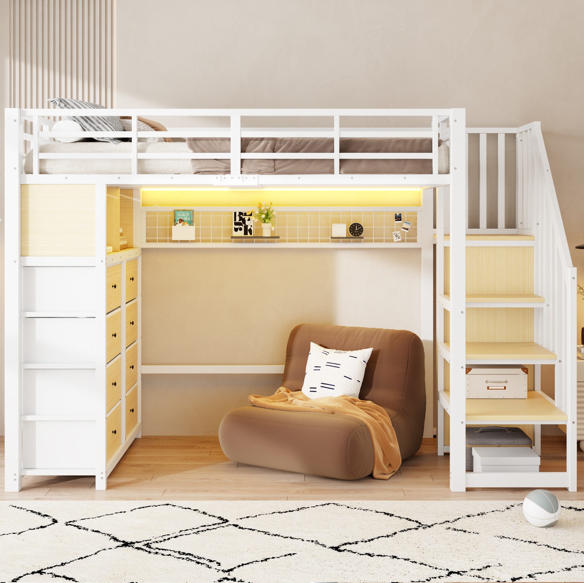 OKWISH Hochbett Kinderbett 90 × 200 cm mit 8 Schubladen und Stauraum Weiß (Packung, 1-St., Schlafplatz für Kinder mit Hängepaneelen und praktischem Design) Spielbett mit Aufbewahrungsleiter LED Licht und Regalen,ohne Matratze