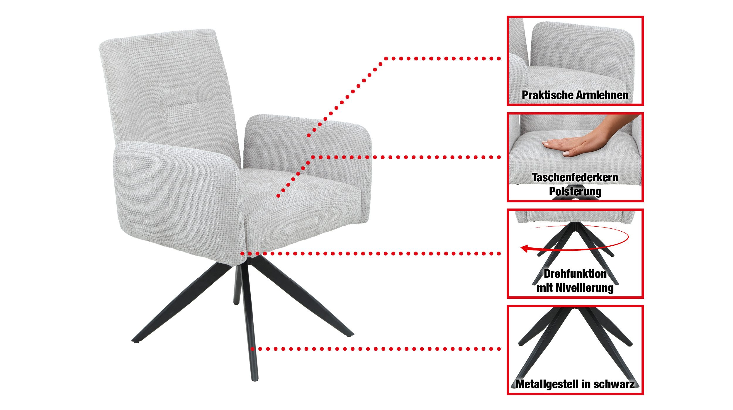 Massivart® Polsterstuhl Armlehne drehbar / grau-beige oder grau / Taschenfe günstig online kaufen