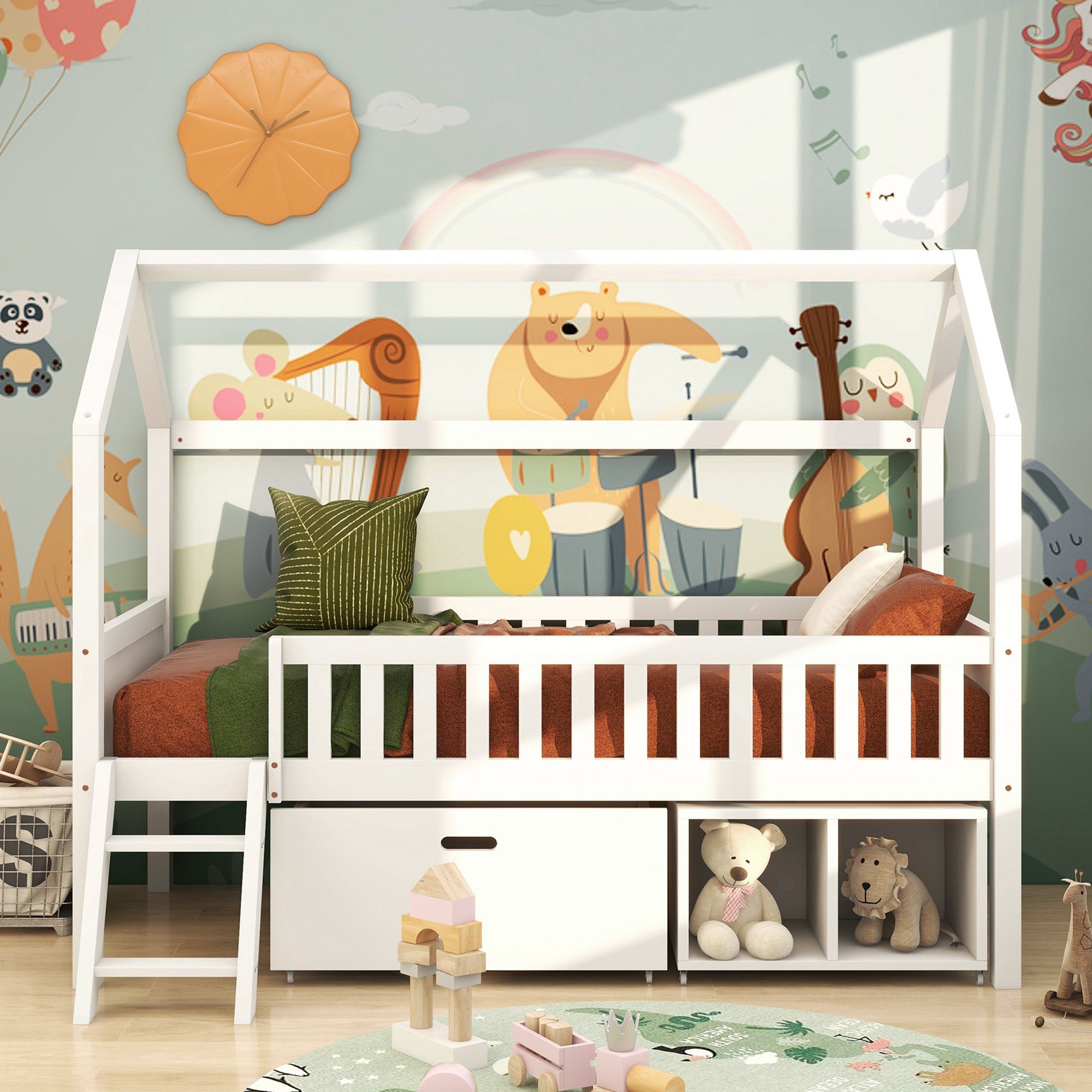 Odikalo Kinderbett Hochbett Hausbett mit Schutzzaun günstig online kaufen