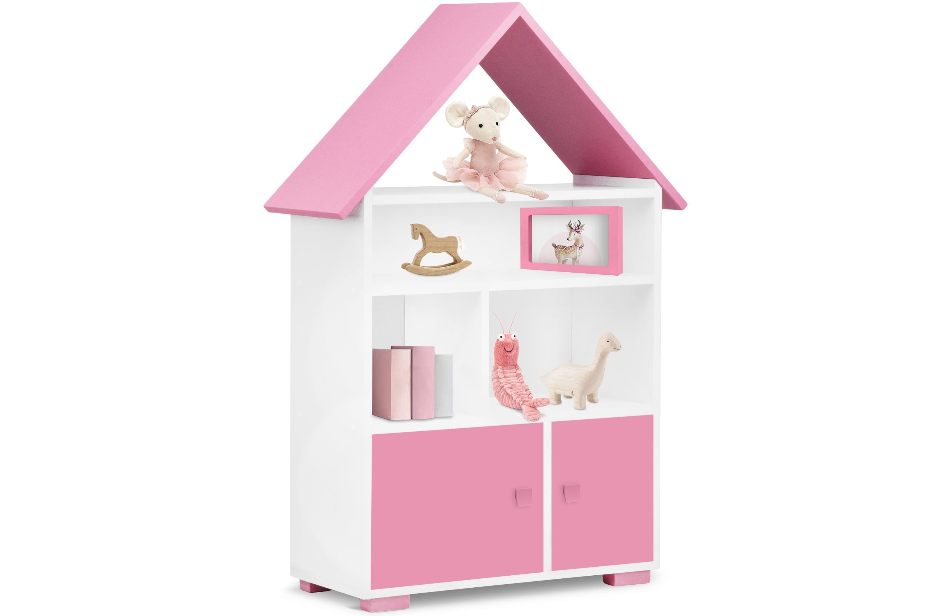 Kinderregal mit mit Hausform, Bücherregal weiß/rosa in Tür, Konsimo Pastellfarben PABIS, Bücherregal Türen