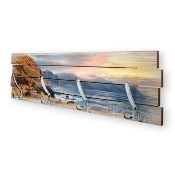 Kreative Feder Wandgarderobe Wandgarderobe "Küste" aus Holz, im Shabby-Chic-Design farbig bedruckt ca. 30x100cm 4 Doppel-Haken