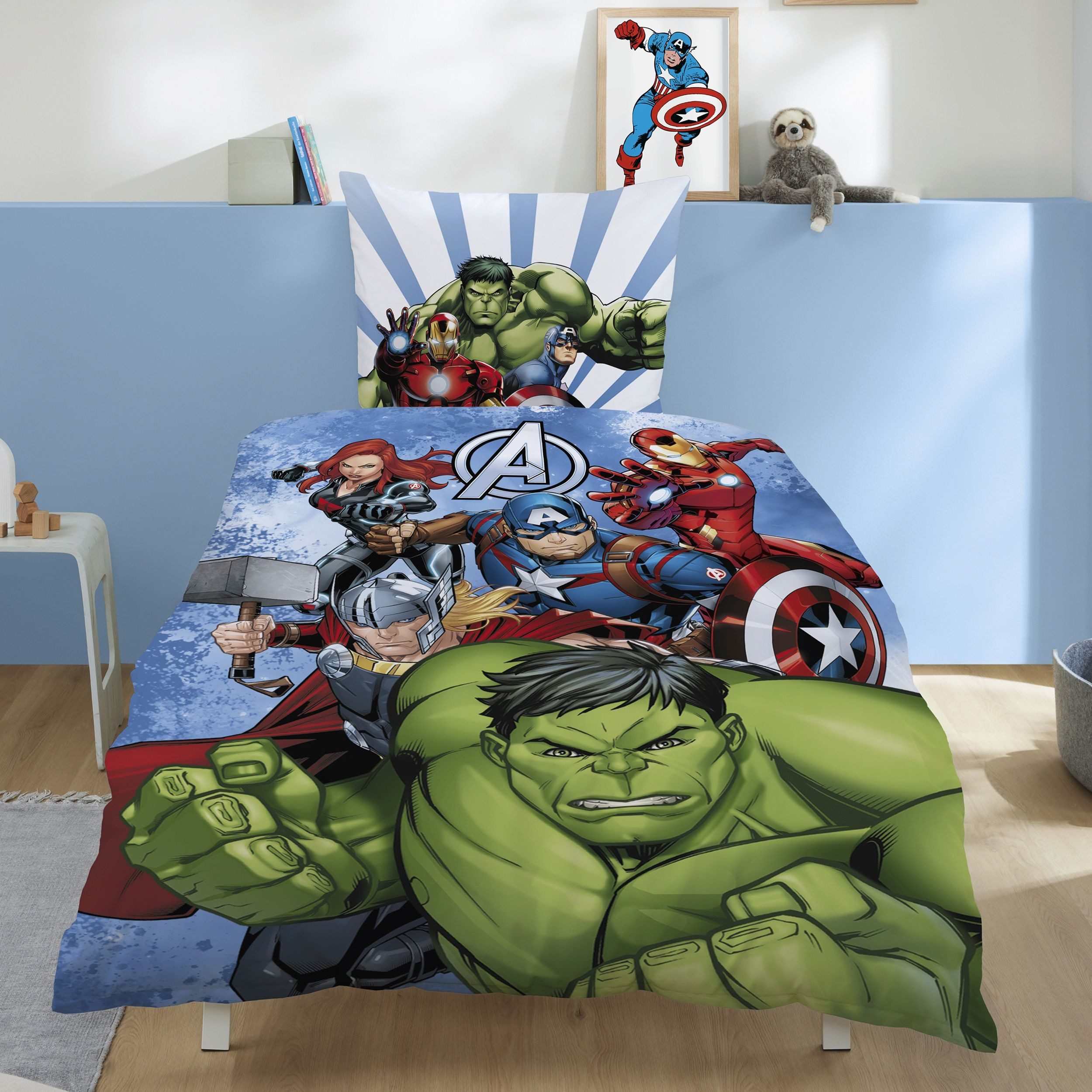 Familando Kinderbettwäsche Avenger Bettwäsche Set 2-teilig 135x200 80x80 cm, Renforcé, 2 teilig, 100% Baumwolle mit Reißverschluss