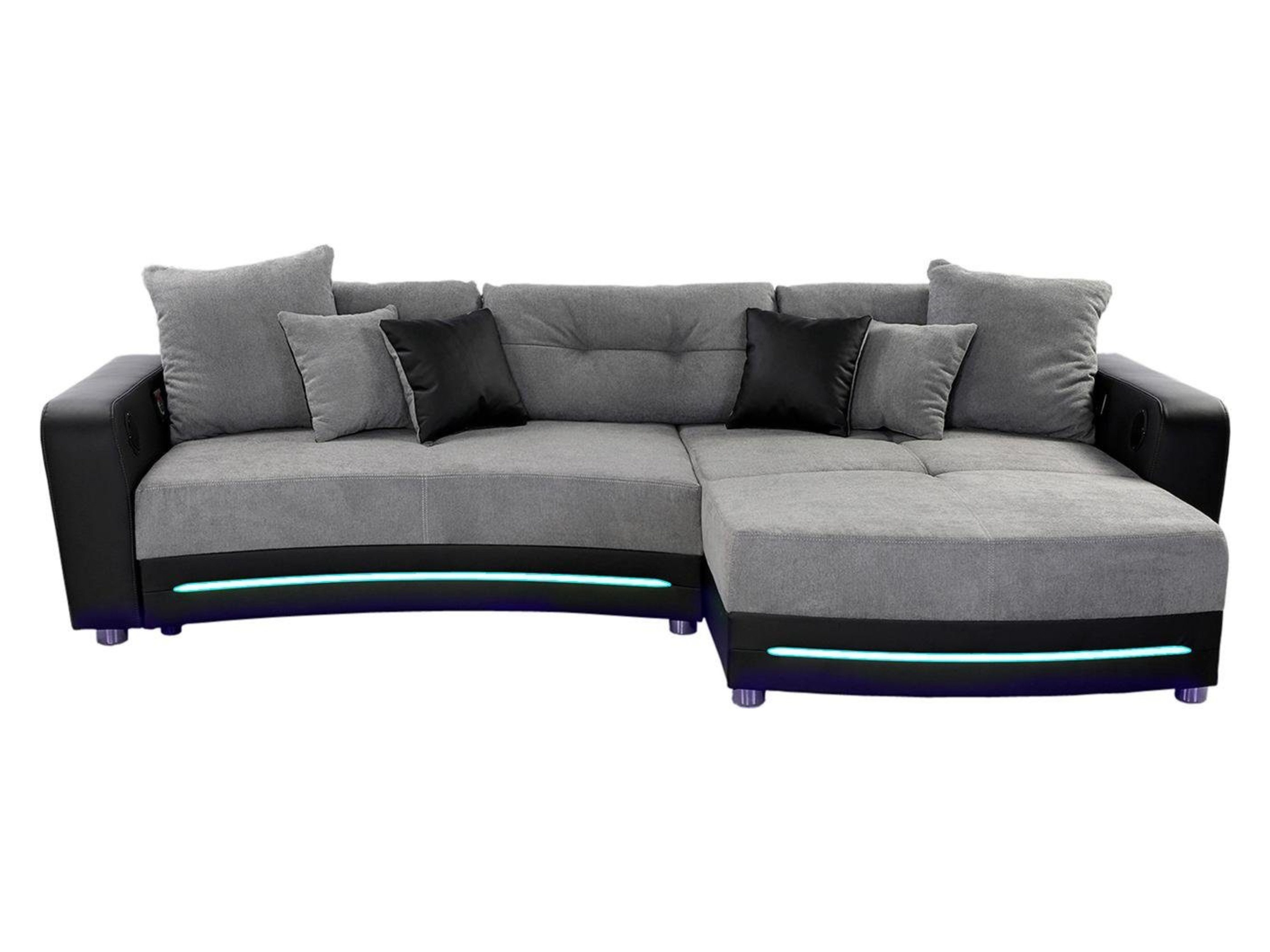 luma-home Loungesofa 15411, Multimedia mit RGB-LED Beleuchtung und Bluetooth Soundsystem USB, B322/T190/H88 cm, spiegelverkehrt montierbar, Mikrofaser Grau-Korpus Kunstleder Schwarz