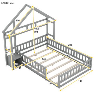 Welikera Kinderbett 140x200cm Kinderbetten,Flachbetten,Hausbetten mit Geländer, Jugendbett mit Nachttischen,Grau/Weiss