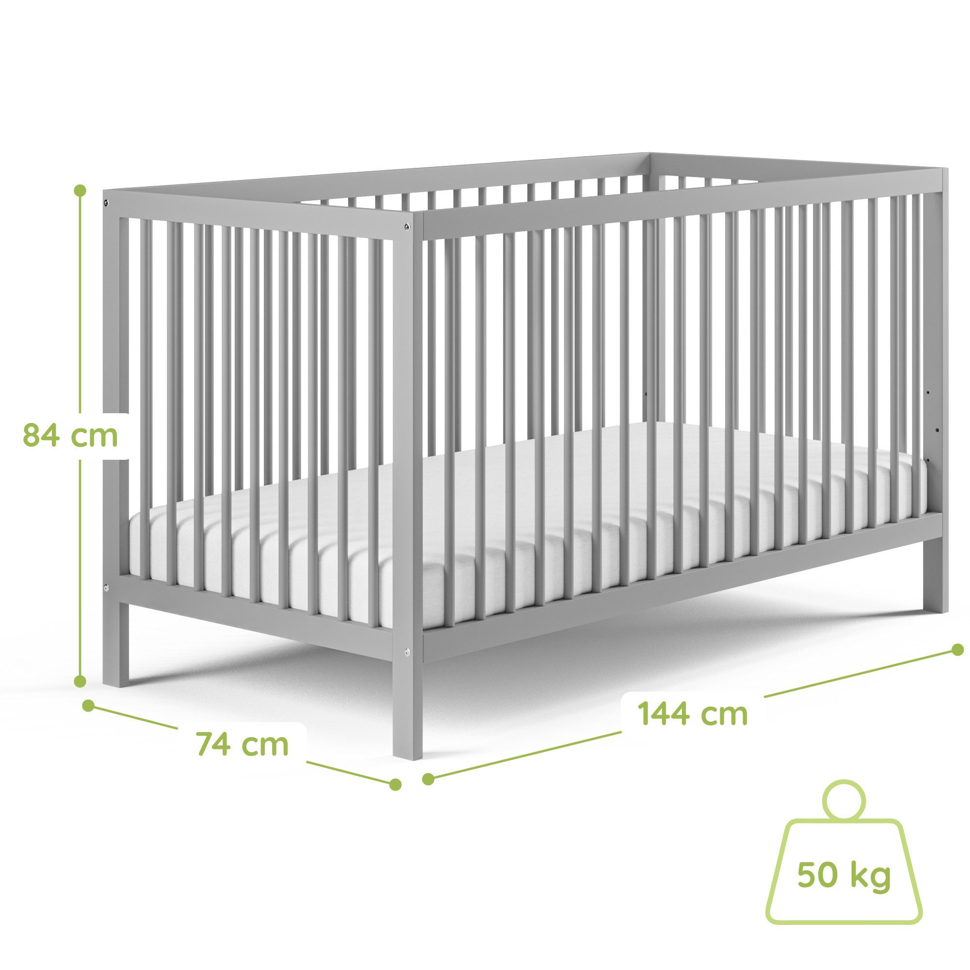 Kids Collective Kinderbett Babybett Gitterbett 60x120 und 70x140 cm herausnehmbare Sprossen (mit Lattenrost und herausnehmbaren Sprossen ab Geburt bis zum 3. LJ), 70x140 cm in grau