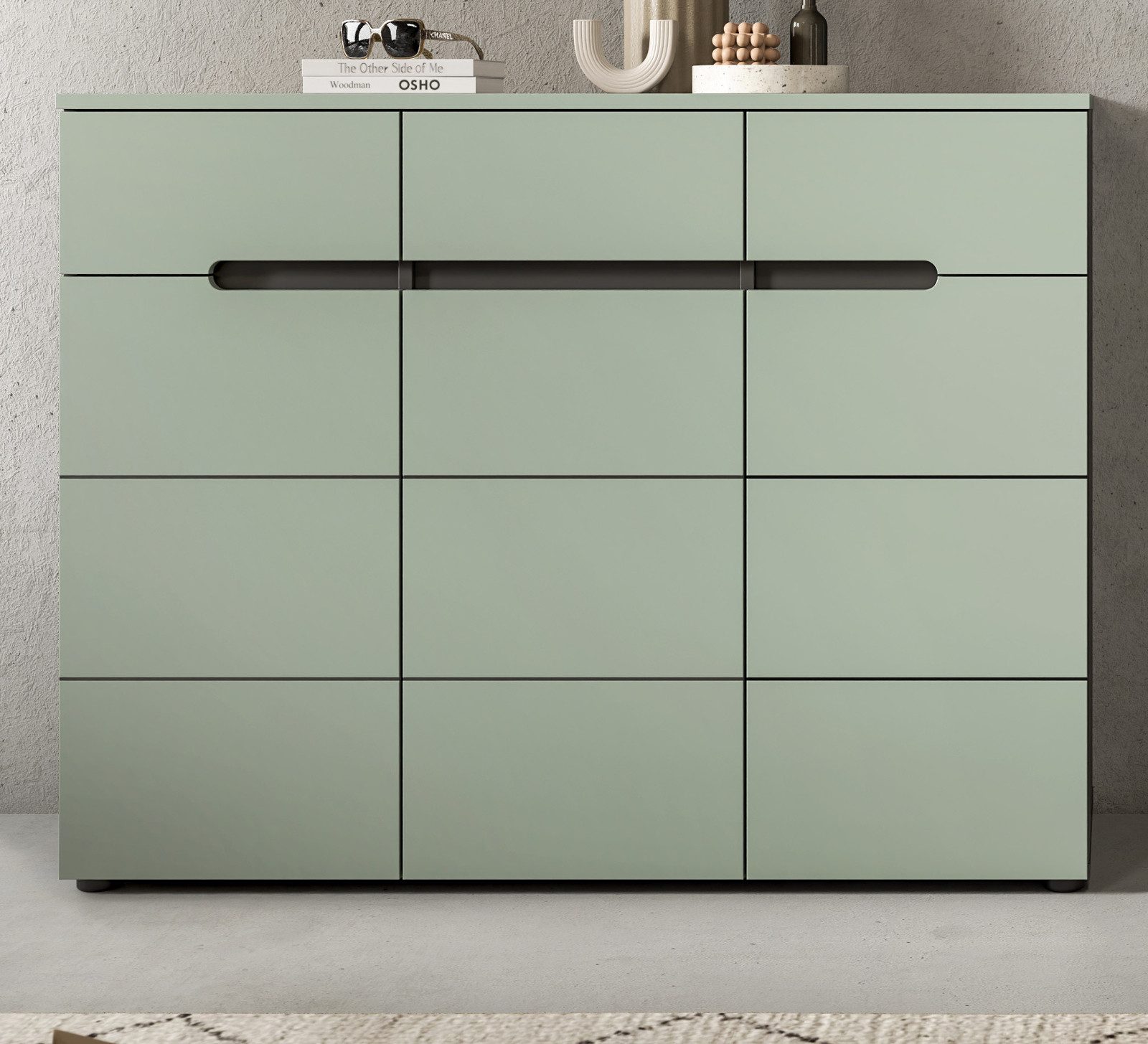 Inn.Furn Schuhkommode Cooper (Flur Kommode in Salbei Grün mit Grau, 120 x 94 cm), 3 Schubladen, 12 Fächer, Soft-Close-Funktion