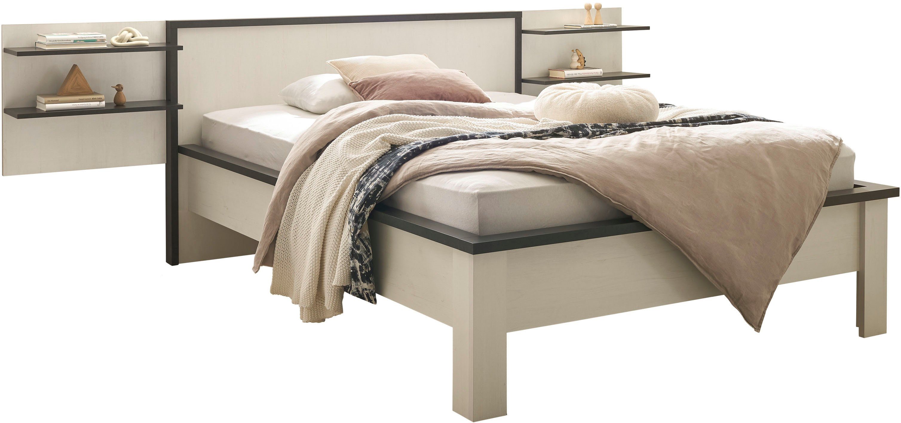 Home affaire Bettanlage SHERWOOD, (3-tlg), Liegefläche Bett 140x200cm, Wandpaneel mit jeweils 2 Ablageflächen