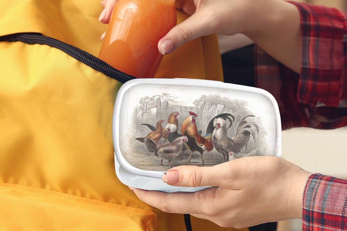 Hahns weiß für Brotbox Lunchbox MuchoWow einem Kunststoff, Illustration Mädchen Erwachsene, Kinder und von Bauernhof, eines auf Brotdose, für Hühnern (2-tlg), und und Jungs