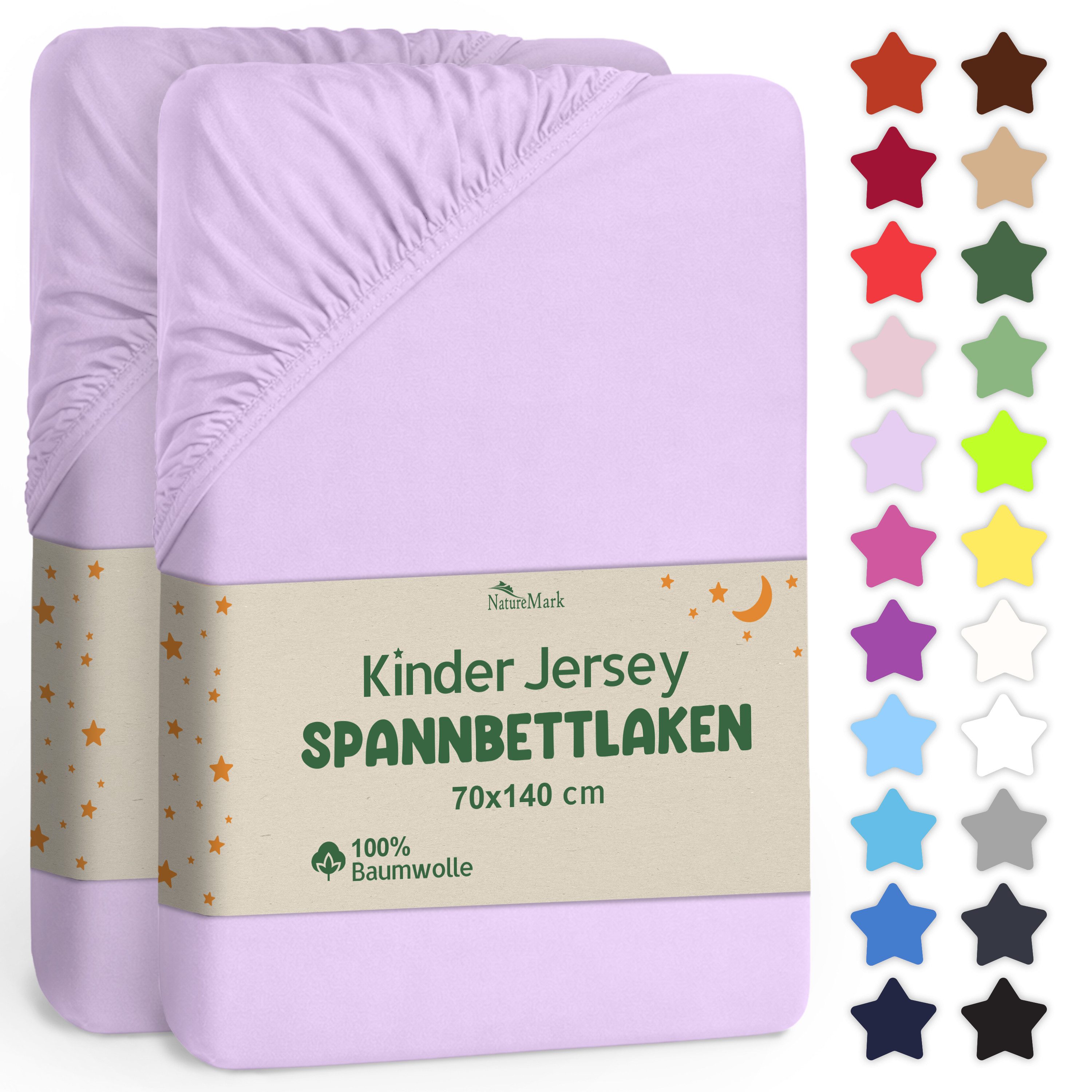 NatureMark Spannbettlaken Jersey Spannbetttuch, 100% Baumwolle, Gummizug: rundum, (2 Stück), Kinder Spannbetttuch, für Baby-/Kinderbett, 70x140 cm, Flieder