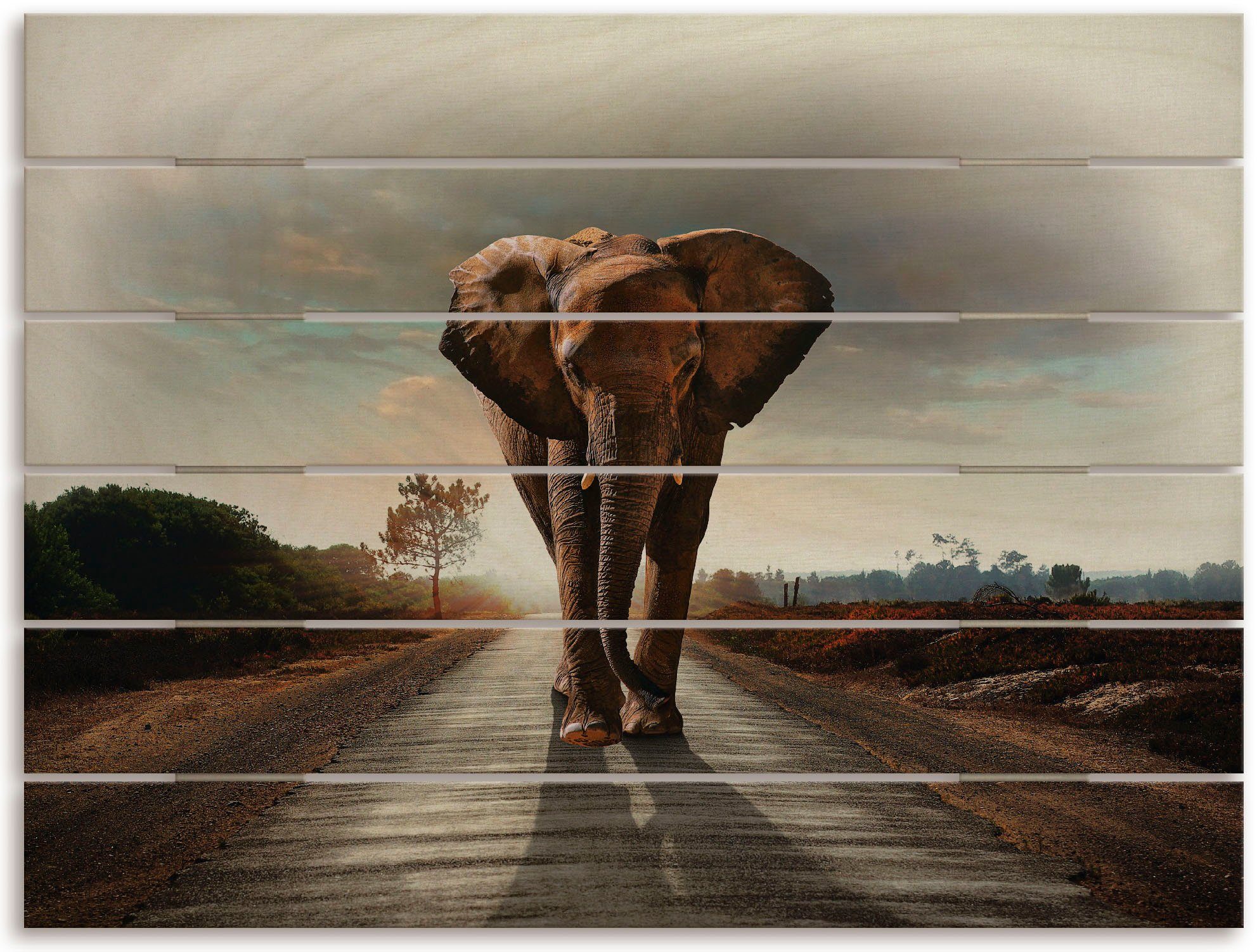 Artland Holzbild Ein Elefant läuft auf der Straße, Elefanten Bilder (1 St),  Wandbild aus einer 12 mm Multiplexplatte aus Birkenholz in Plankenoptik