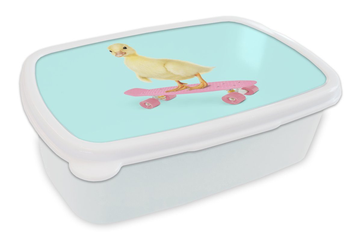 MuchoWow Lunchbox Ente - Küken - Skateboard - Blau - Rosa, Kunststoff, (2-tlg), Brotbox für Kinder und Erwachsene, Brotdose, für Jungs und Mädchen weiß