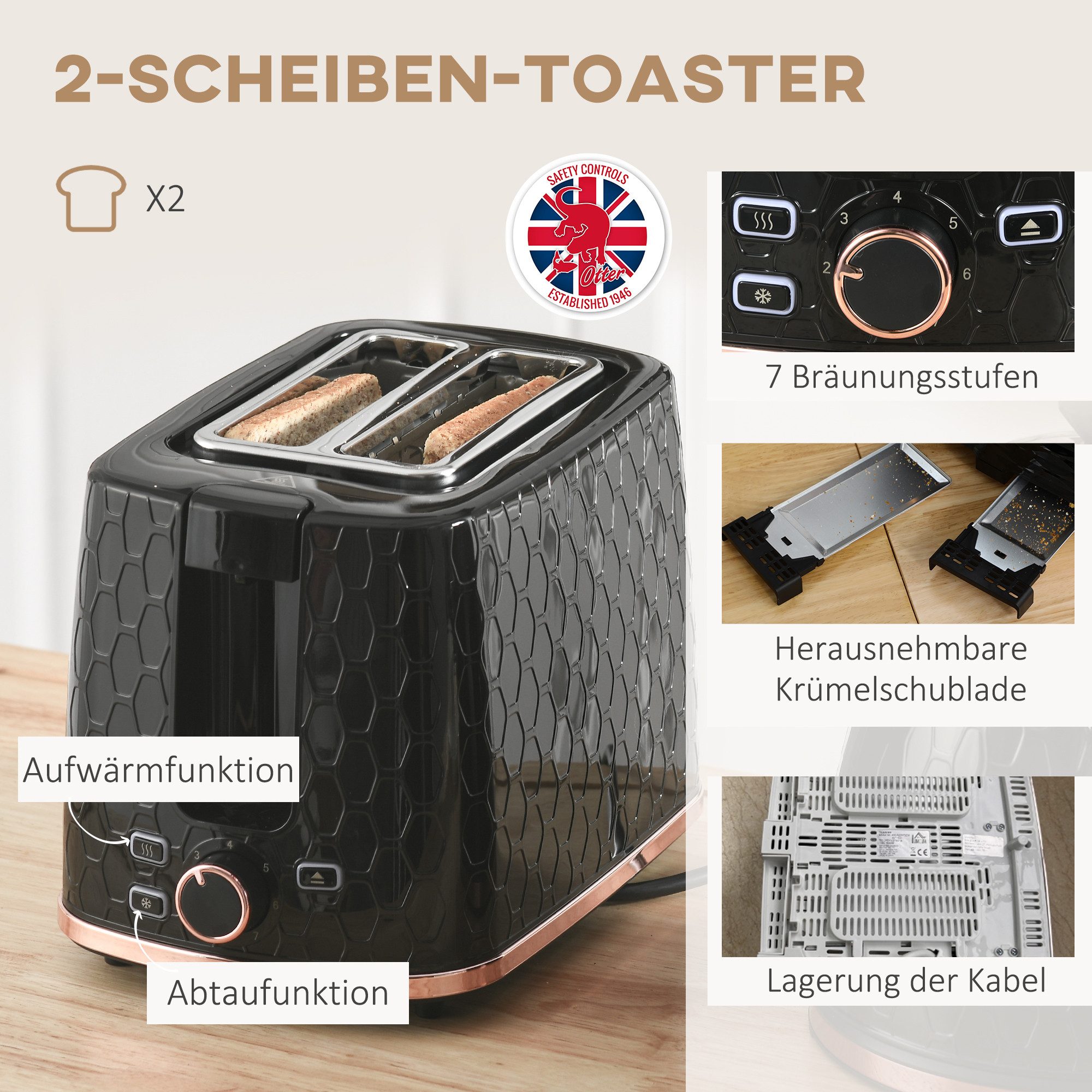 HOMCOM Frühstücks-Set Wasserkocher mit automatischer Abschaltung, 2-Scheiben-Toaster (2-tlg), Set in Schwarz, Schnellkochfunktion – Bild 5 von 5