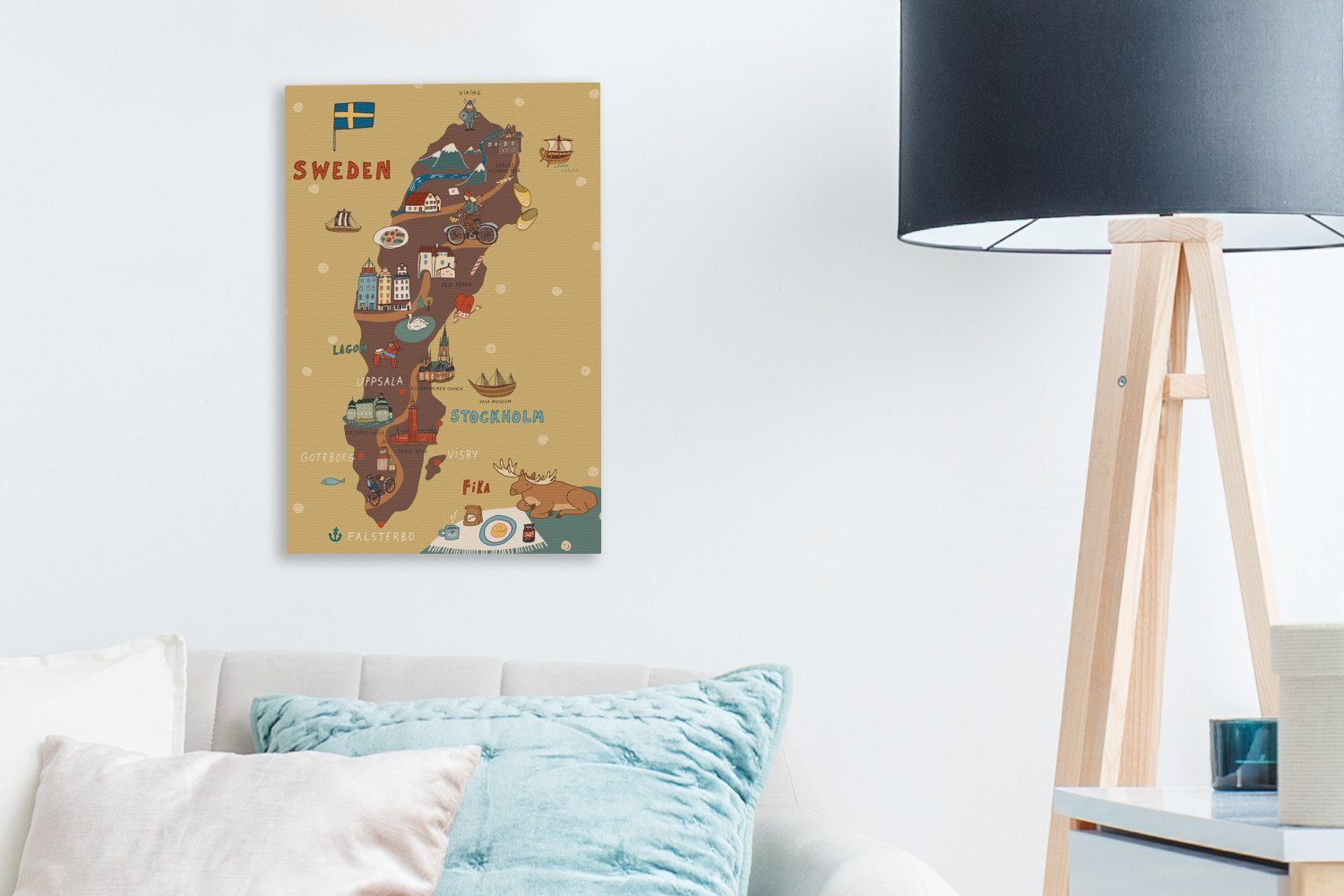Skandinavien Gemälde, Karte fertig OneMillionCanvasses® cm (1 Zackenaufhänger, 20x30 inkl. Leinwandbild St), bespannt mit Leinwandbild von der Illustration Schweden,
