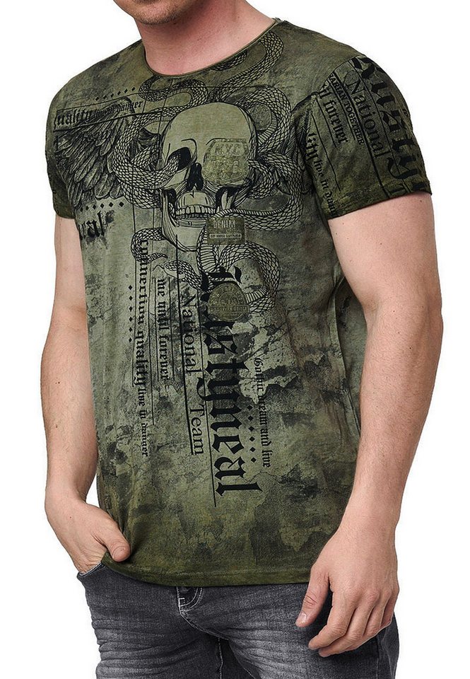 R-NEAL T-Shirt Herren T-Shirt Oil Washed Skull Printed 100% Cotton S M L XL XXL 3XL